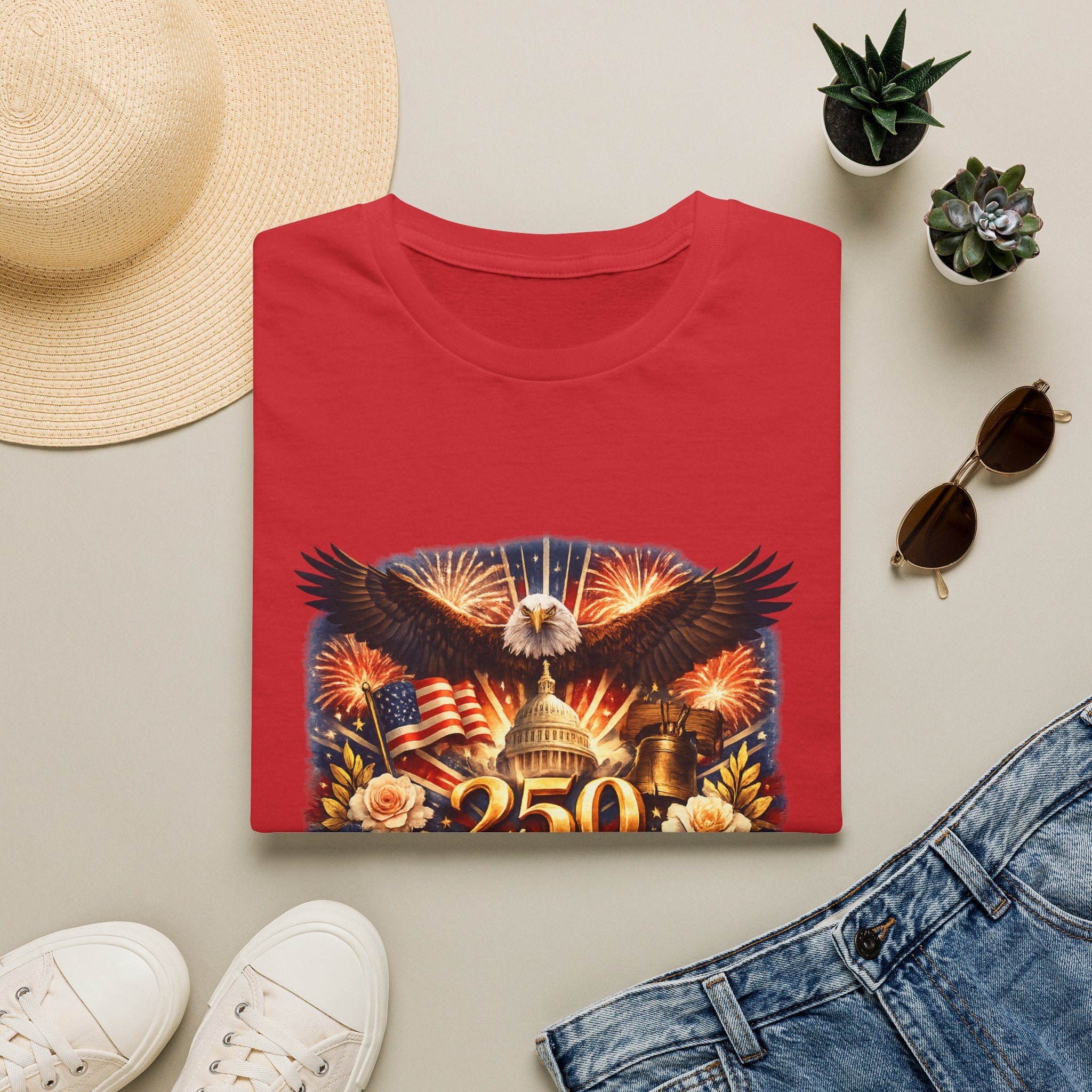 Patriotic 250 Freedom T-Shirt — Eagle, Capitol & Fireworks Graphic