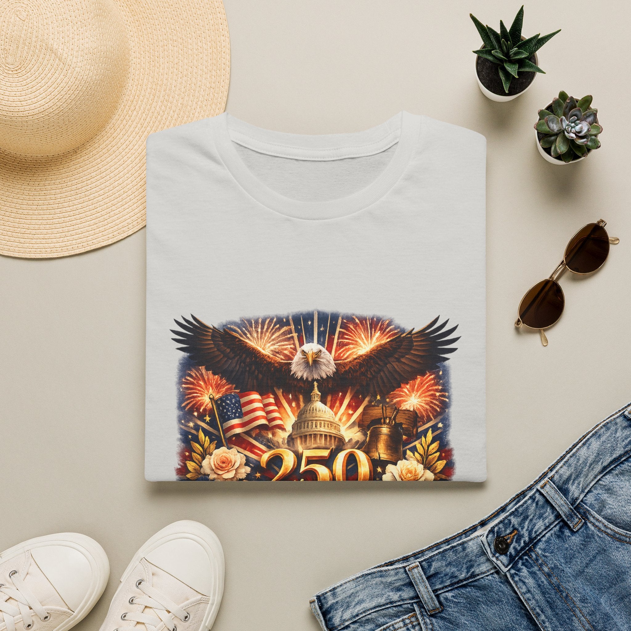 Patriotic 250 Freedom T-Shirt — Eagle, Capitol & Fireworks Graphic