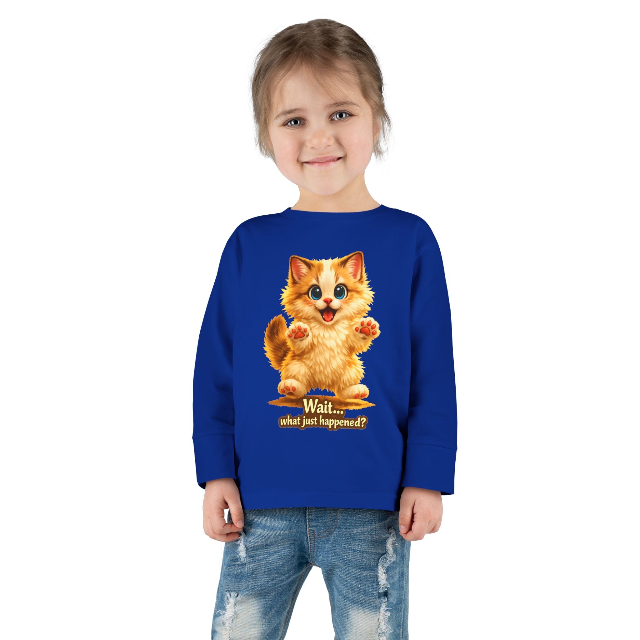 Toddler Long Sleeve Tee — Cute Orange Kitten "Wait...what just happened? Limited Collection – Only Available for a Short Time!