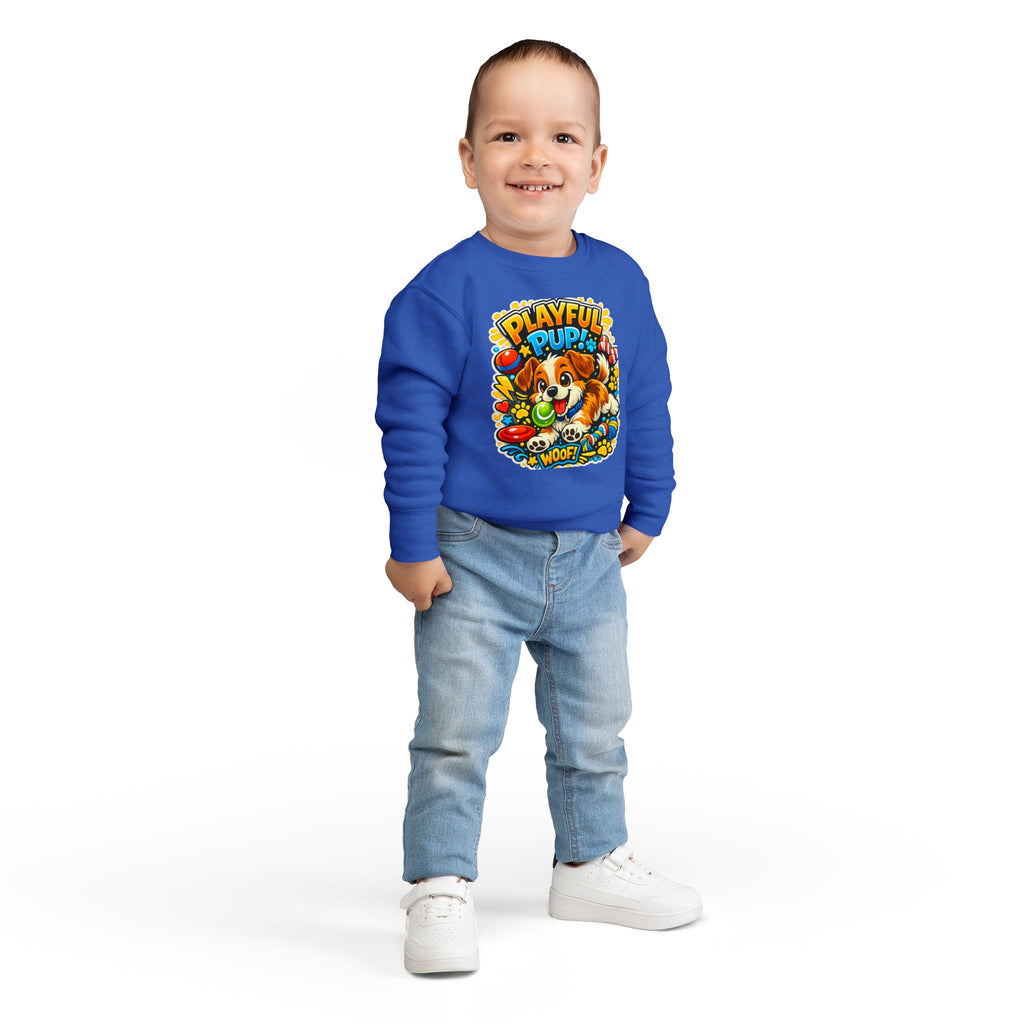 Playful Pup Toddler Sweatshirt — Cute Puppy Graphic "Playful Pup! Woof"