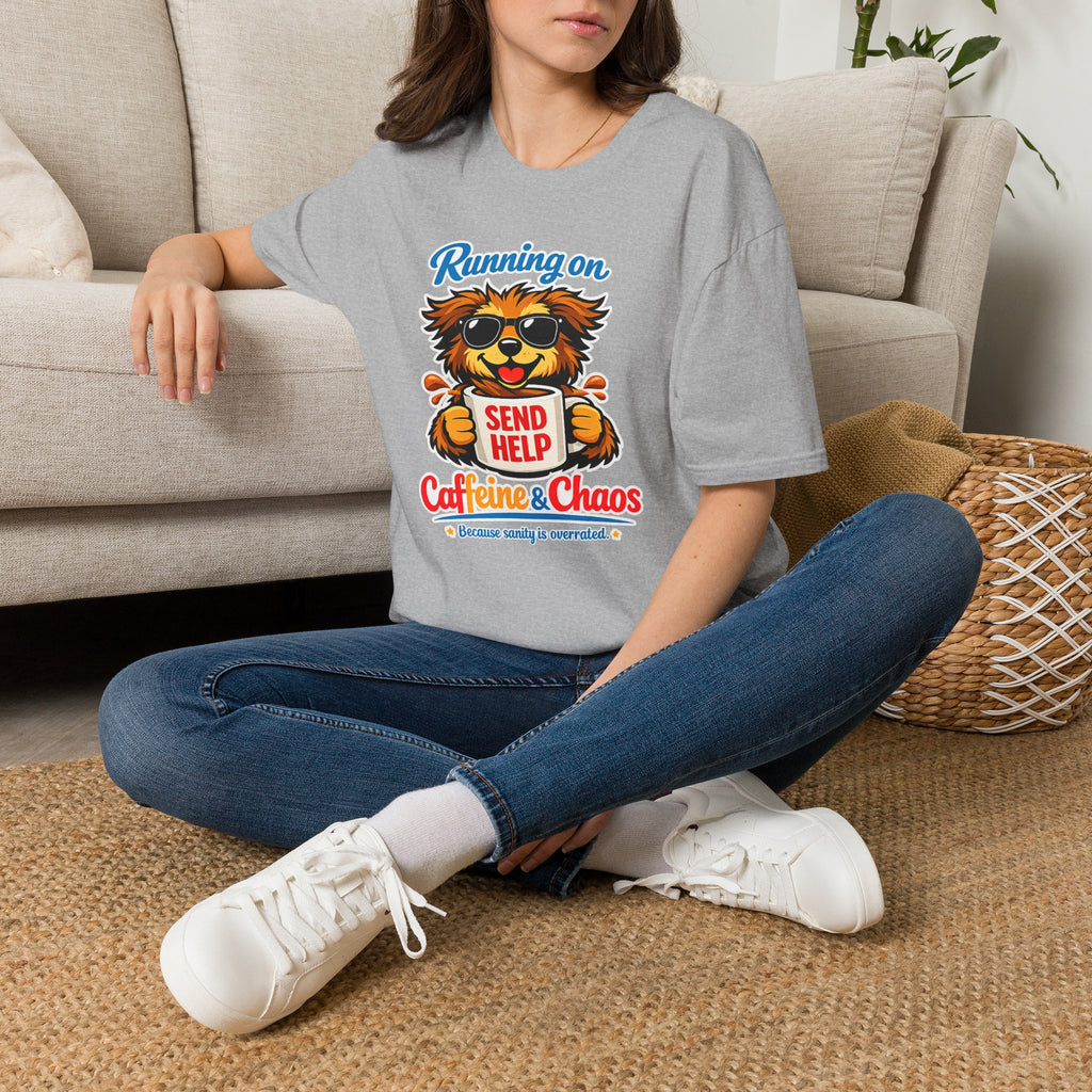 Running On Caffeine & Chaos T-Shirt — Funny 'Send Help' Dog Coffee Tee