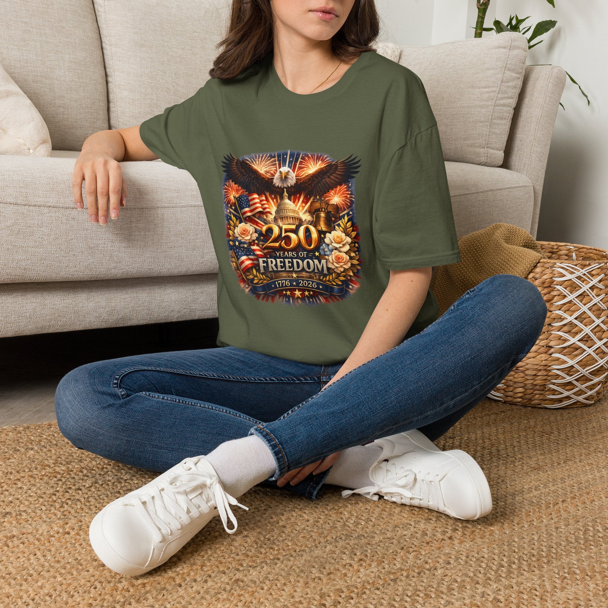 Patriotic 250 Freedom T-Shirt — Eagle, Capitol & Fireworks Graphic