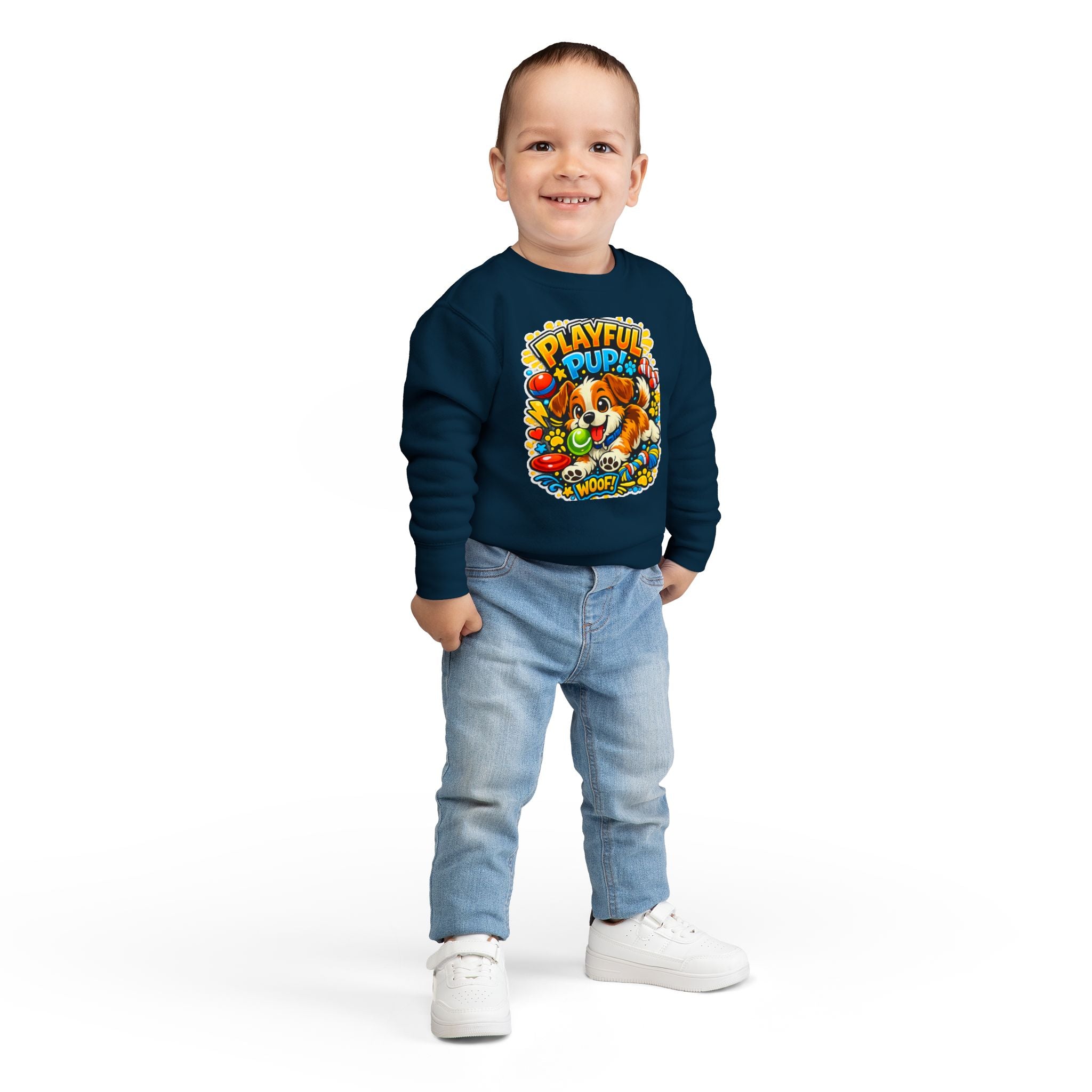 Playful Pup Toddler Sweatshirt — Cute Puppy Graphic "Playful Pup! Woof"