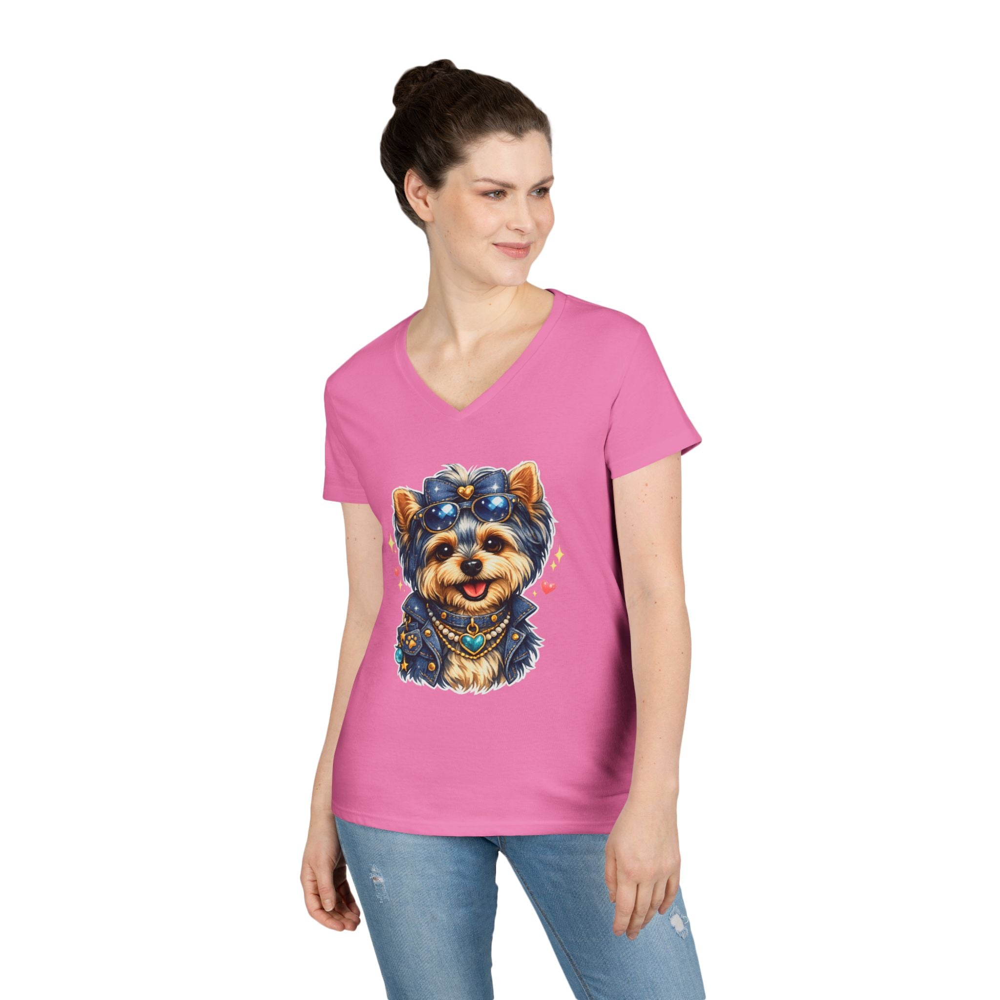 Cute Yorkshire Terrier V-Neck Tee — Adorable Dog Portrait Shirt for Women
