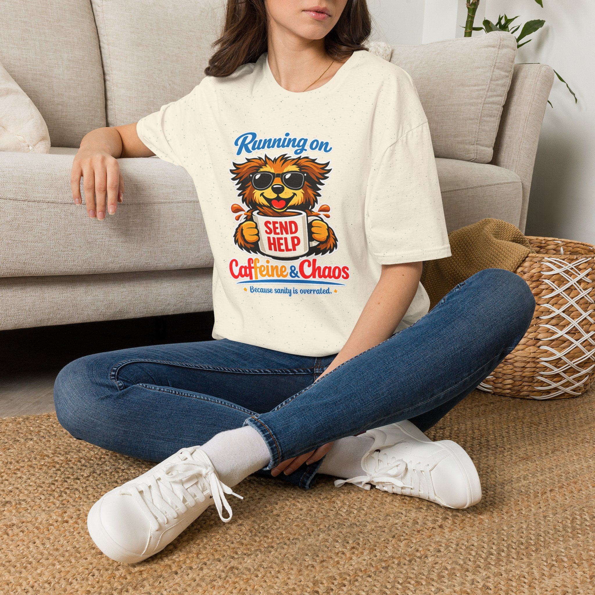 Running On Caffeine & Chaos T-Shirt — Funny 'Send Help' Dog Coffee Tee