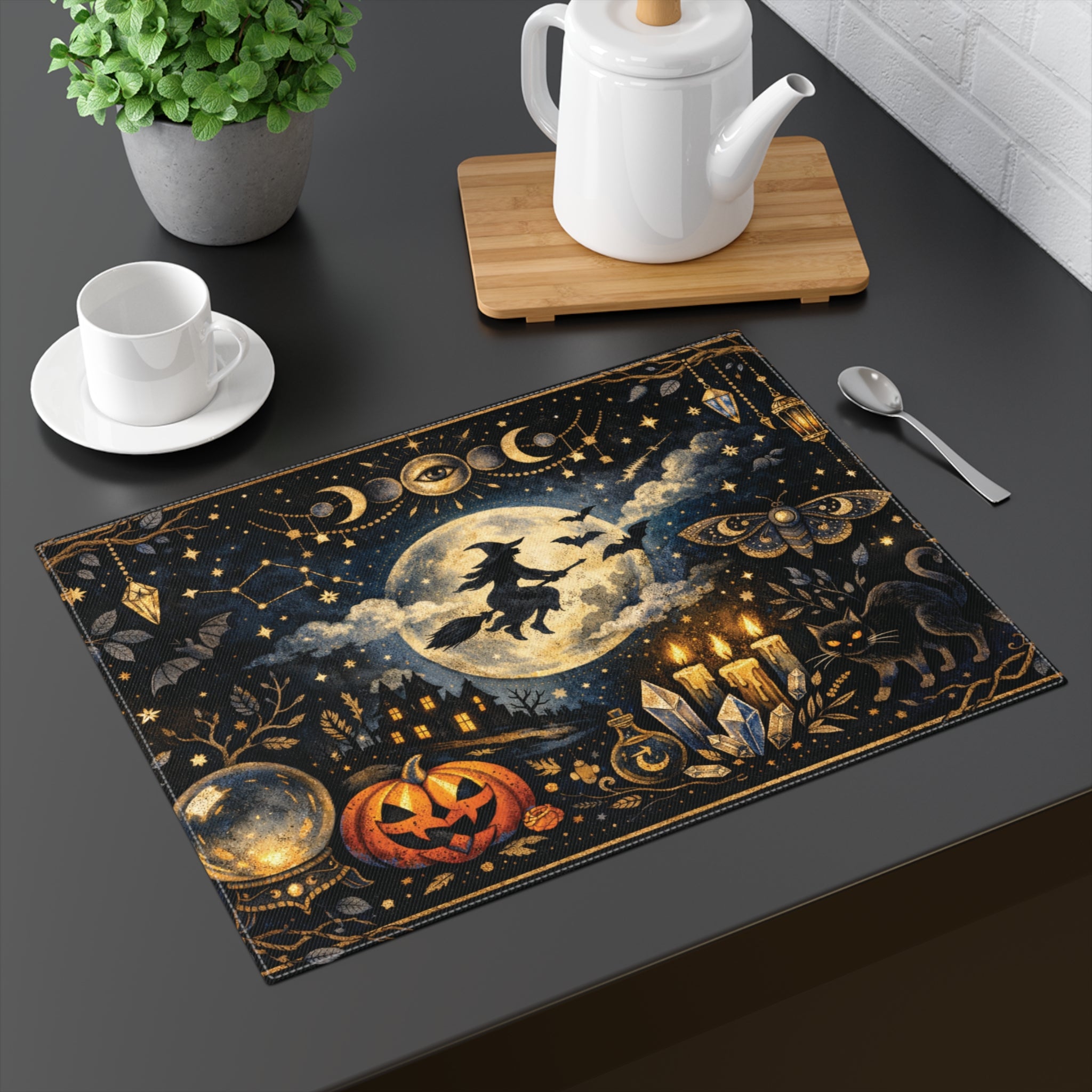 Halloween Witch Placemat — Moonlit Spooky Table Decor with Jack-o'-Lantern & Crystals