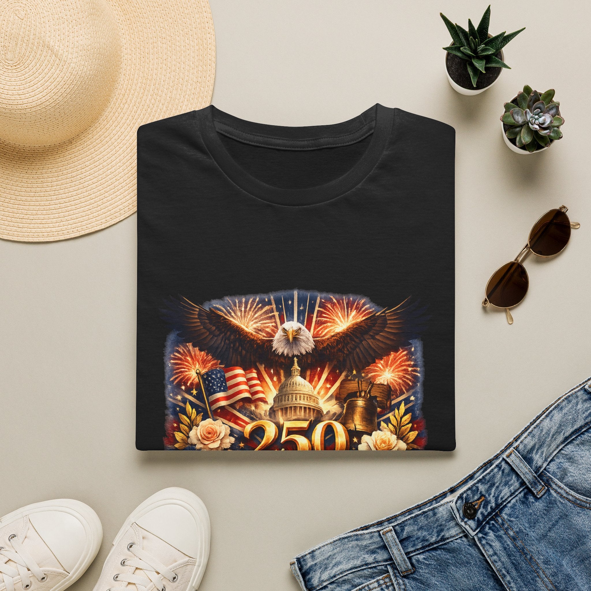 Patriotic 250 Freedom T-Shirt — Eagle, Capitol & Fireworks Graphic