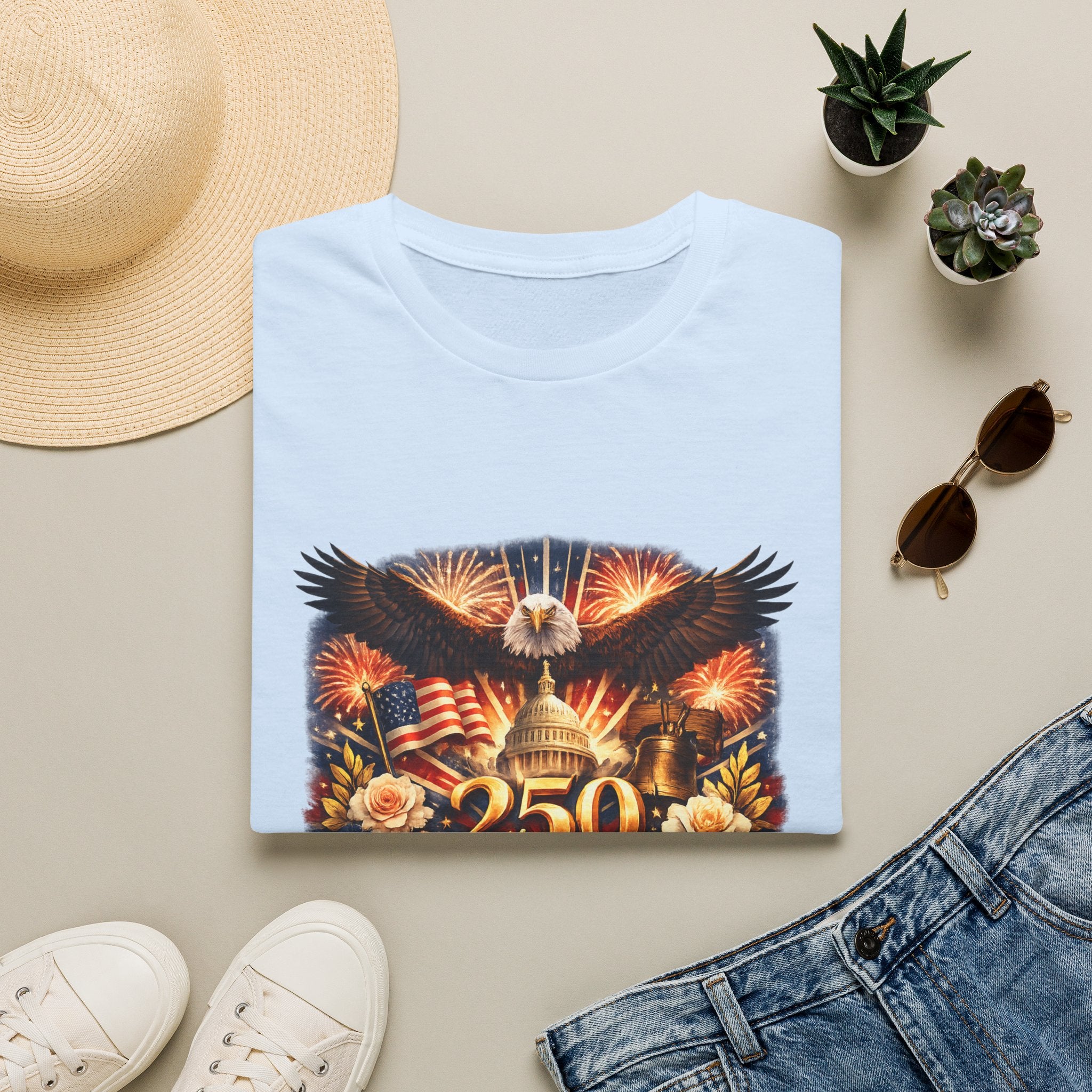 Patriotic 250 Freedom T-Shirt — Eagle, Capitol & Fireworks Graphic