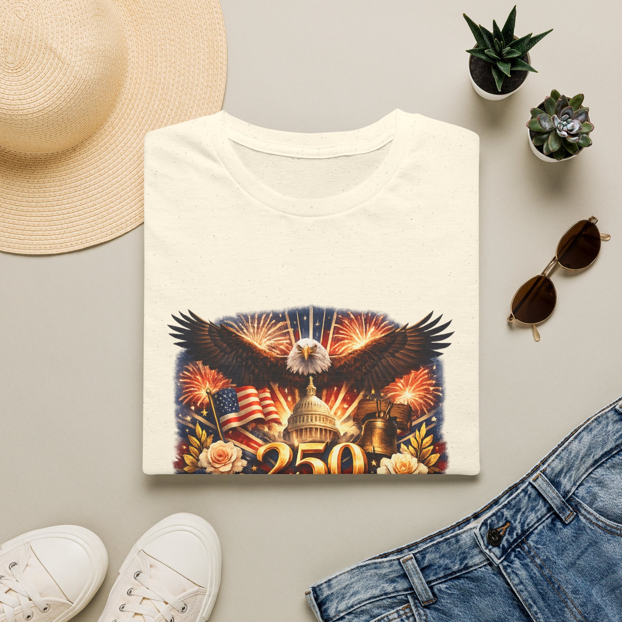 Patriotic 250 Freedom T-Shirt — Eagle, Capitol & Fireworks Graphic