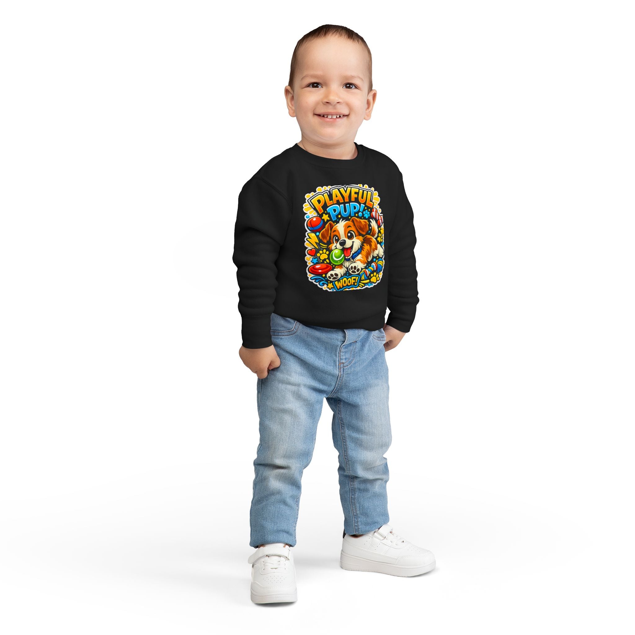 Playful Pup Toddler Sweatshirt — Cute Puppy Graphic "Playful Pup! Woof"