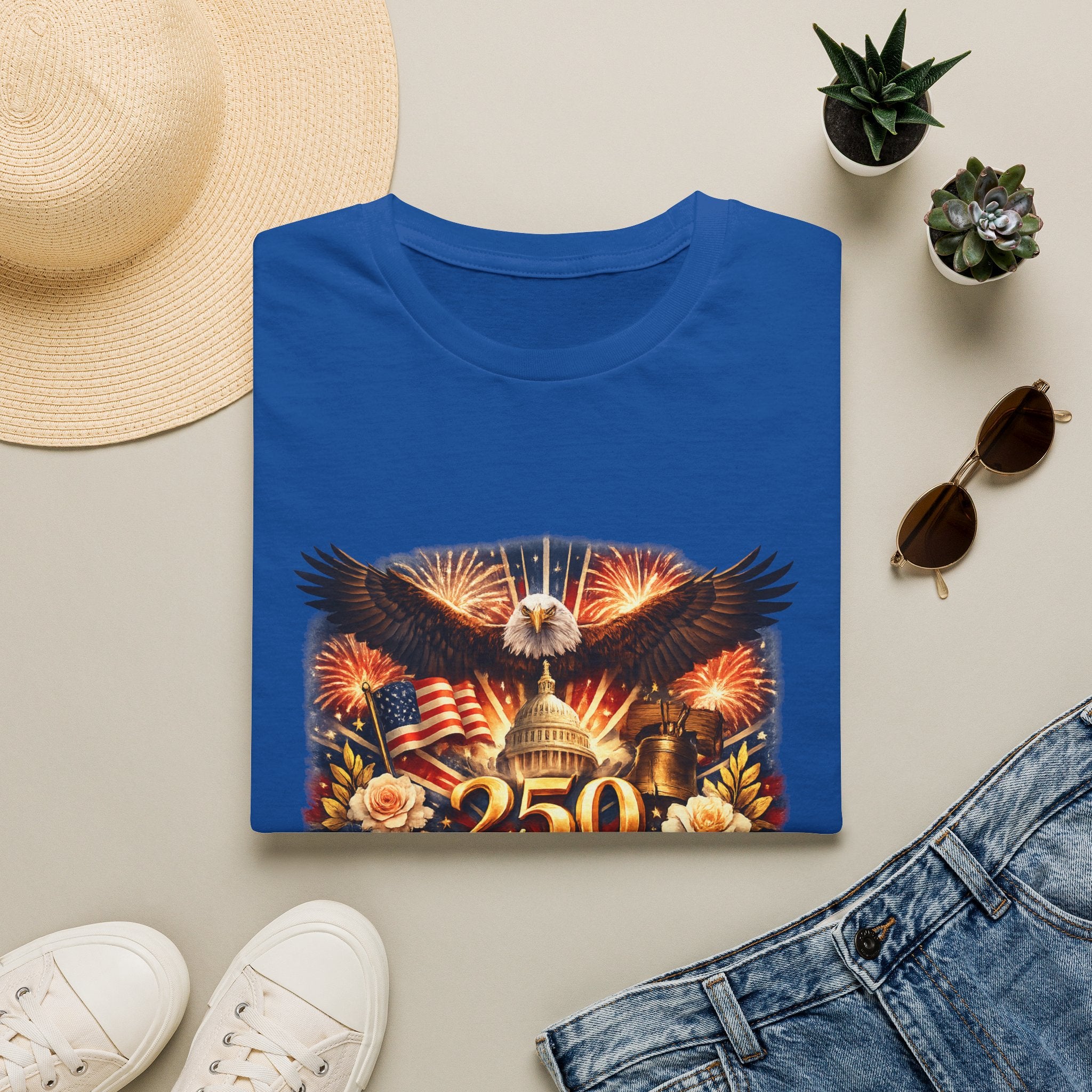 Patriotic 250 Freedom T-Shirt — Eagle, Capitol & Fireworks Graphic