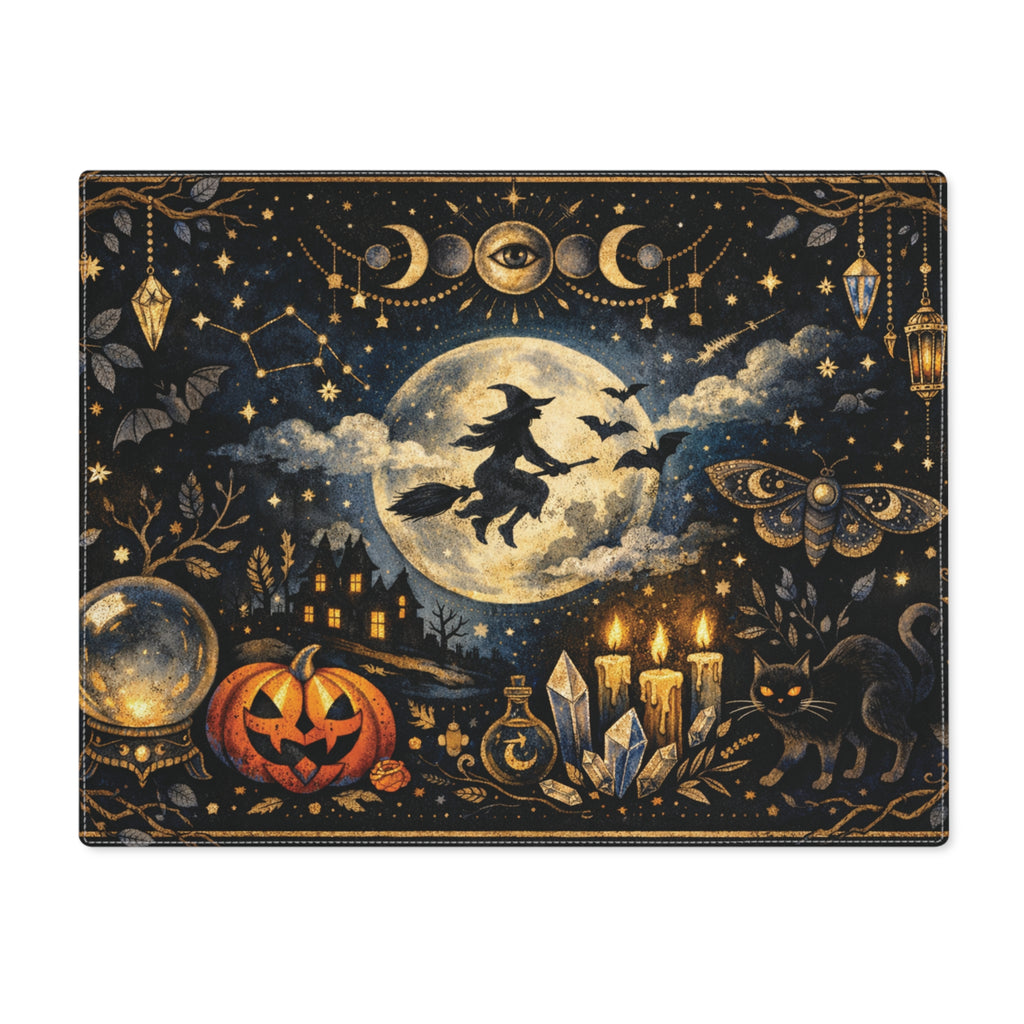 Halloween Witch Placemat — Moonlit Spooky Table Decor with Jack-o'-Lantern & Crystals
