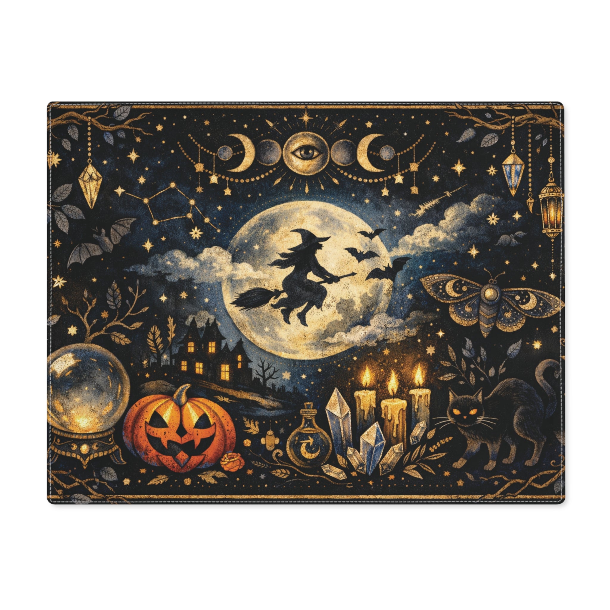 Halloween Witch Placemat — Moonlit Spooky Table Decor with Jack-o'-Lantern & Crystals