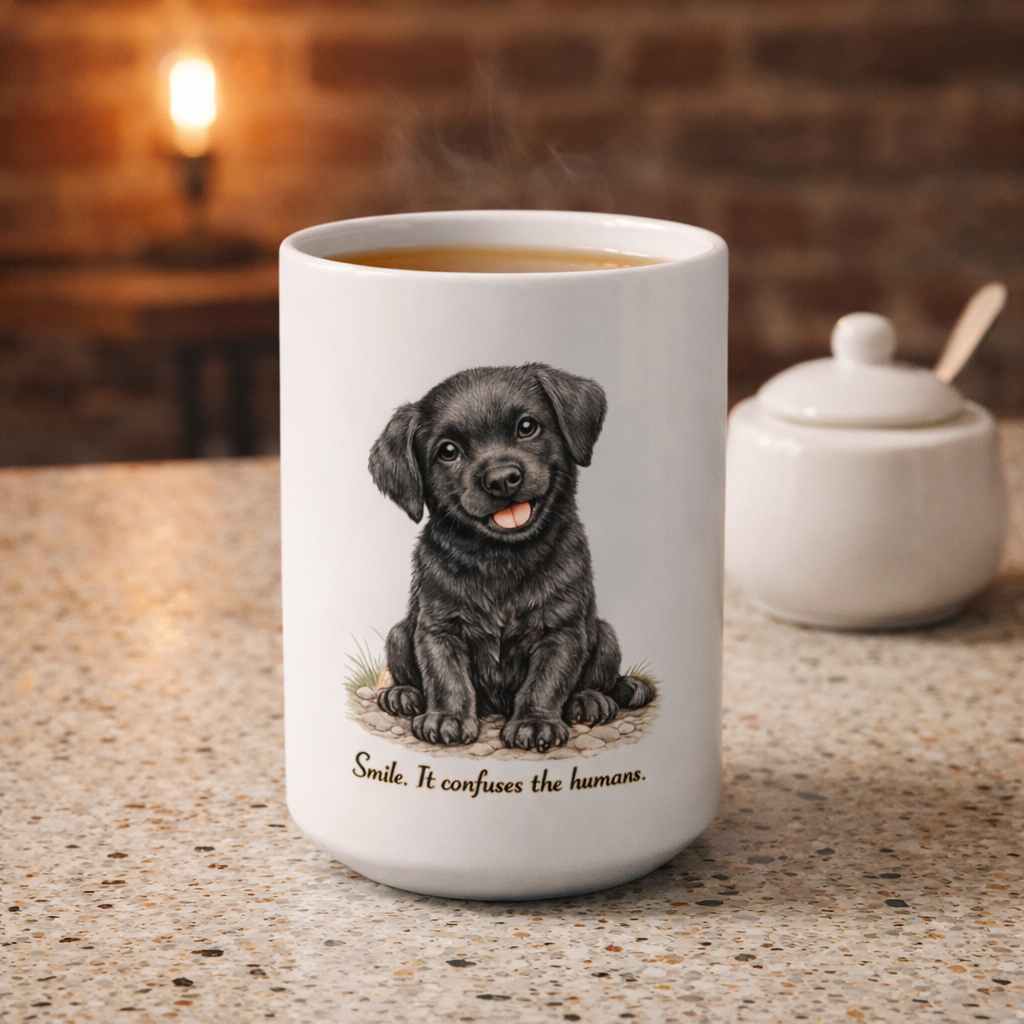 15oz Puppy Mug — "Smile. It confuses the humans." Cute Black Labrador Coffee Cup