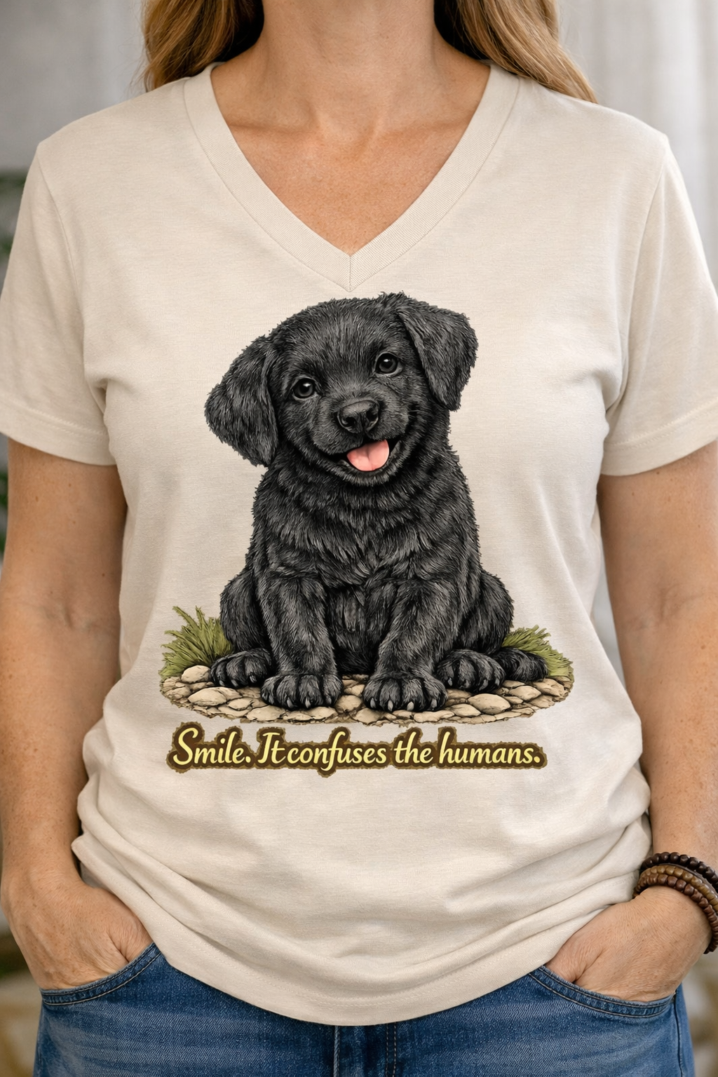 Women's V-Neck Tee — Cute Black Labrador Puppy "Smile. It Confuses the Humans."