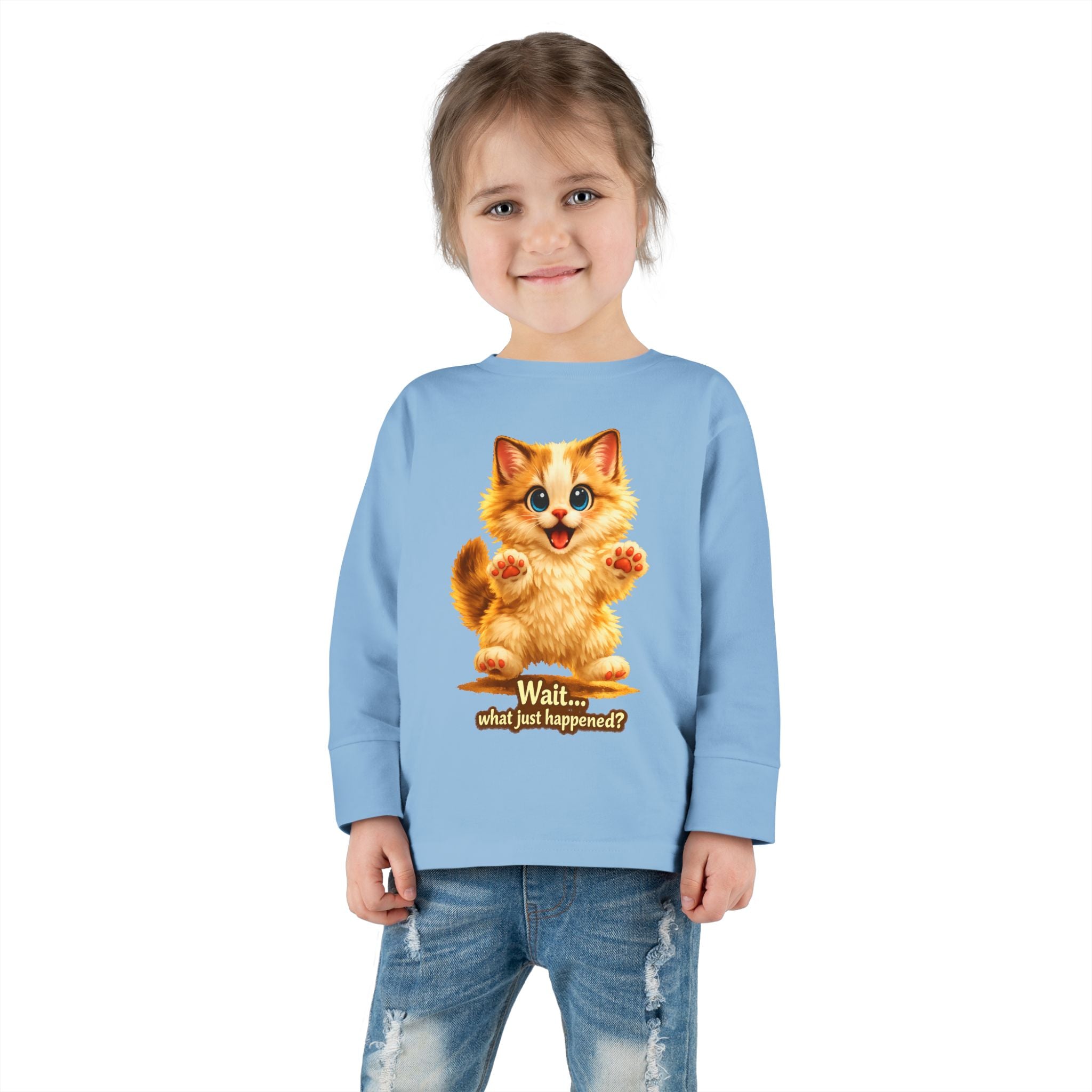 Toddler Long Sleeve Tee — Cute Orange Kitten "Wait...what just happened? Limited Collection – Only Available for a Short Time!