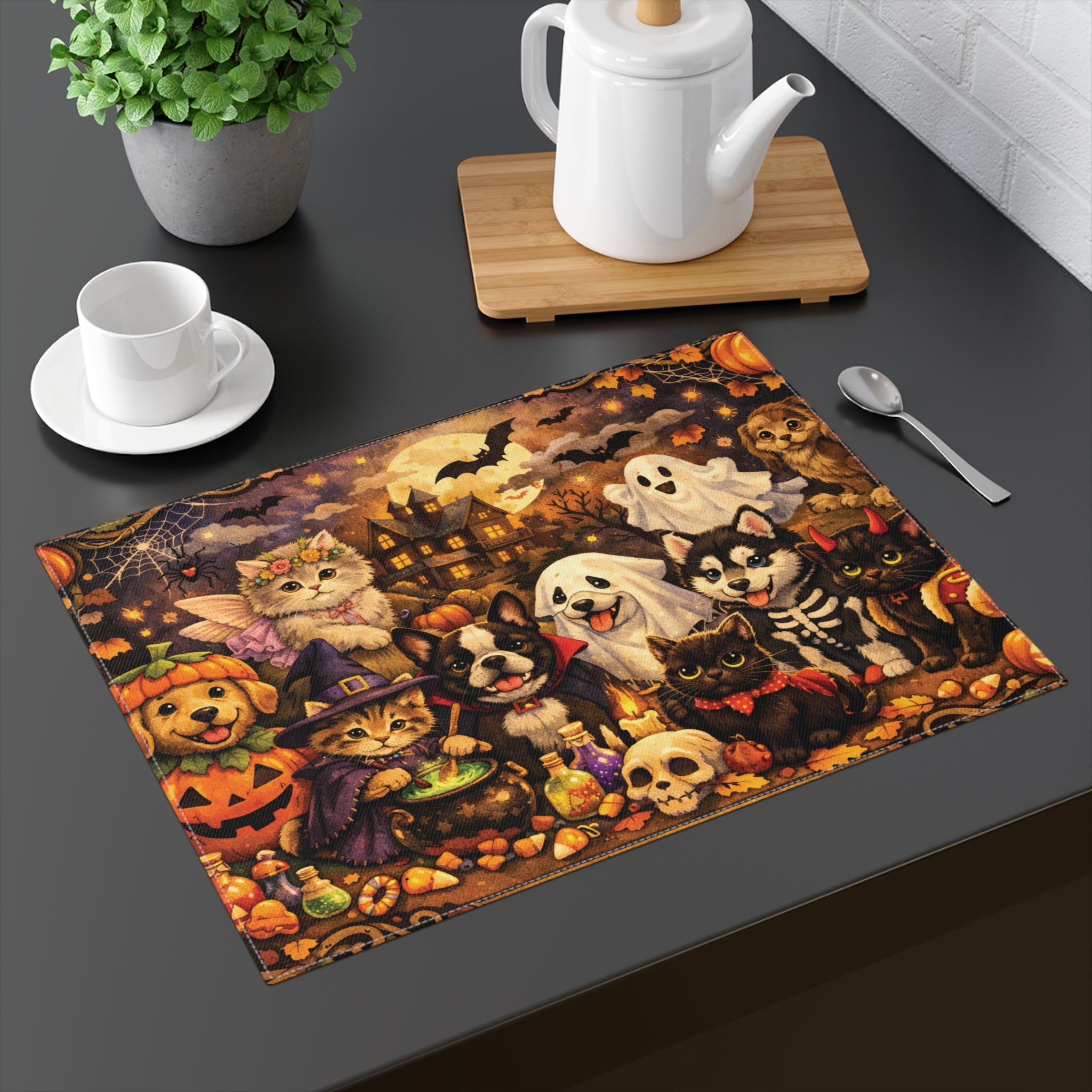 Halloween Pets Placemat — Cute Cats & Dogs Trick-or-Treat Table Mat
