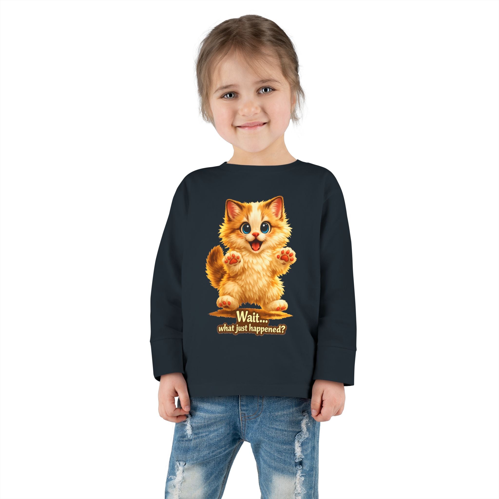 Toddler Long Sleeve Tee — Cute Orange Kitten "Wait...what just happened? Limited Collection – Only Available for a Short Time!