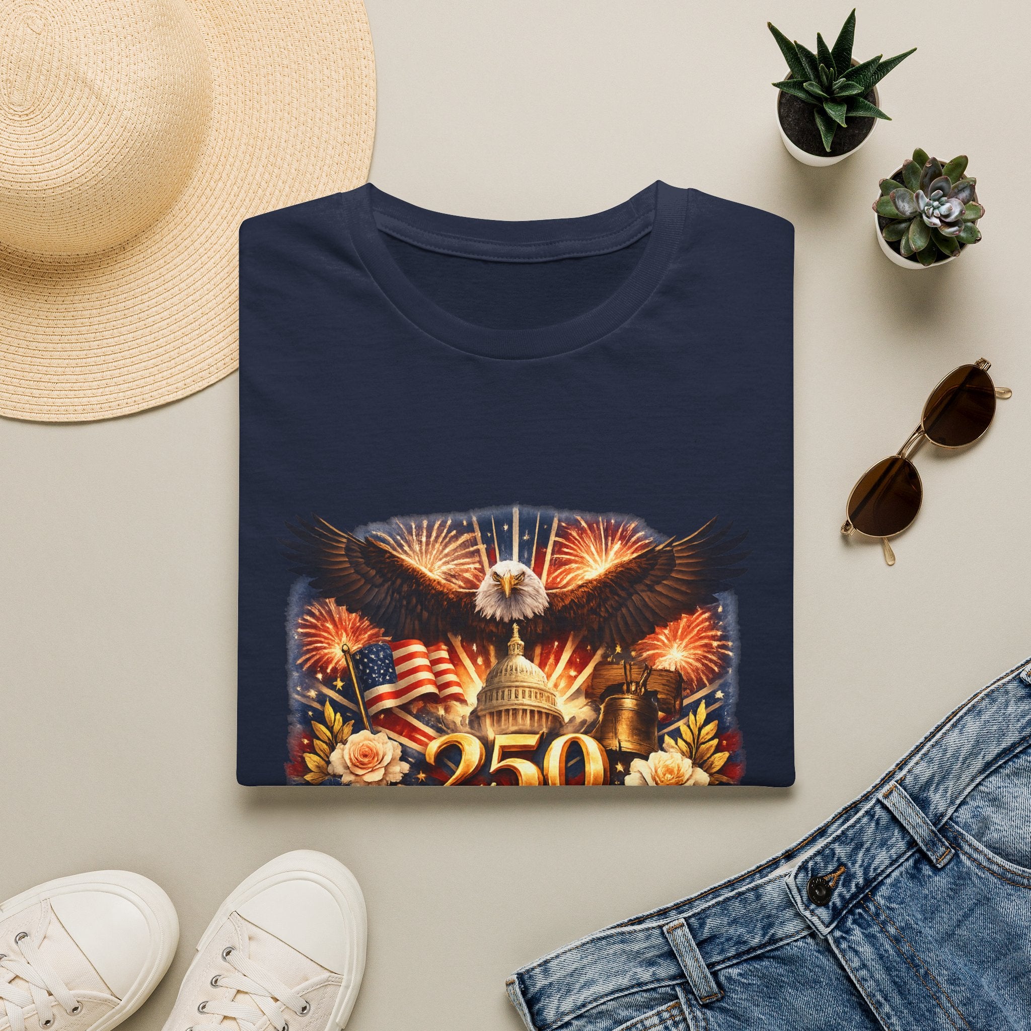 Patriotic 250 Freedom T-Shirt — Eagle, Capitol & Fireworks Graphic