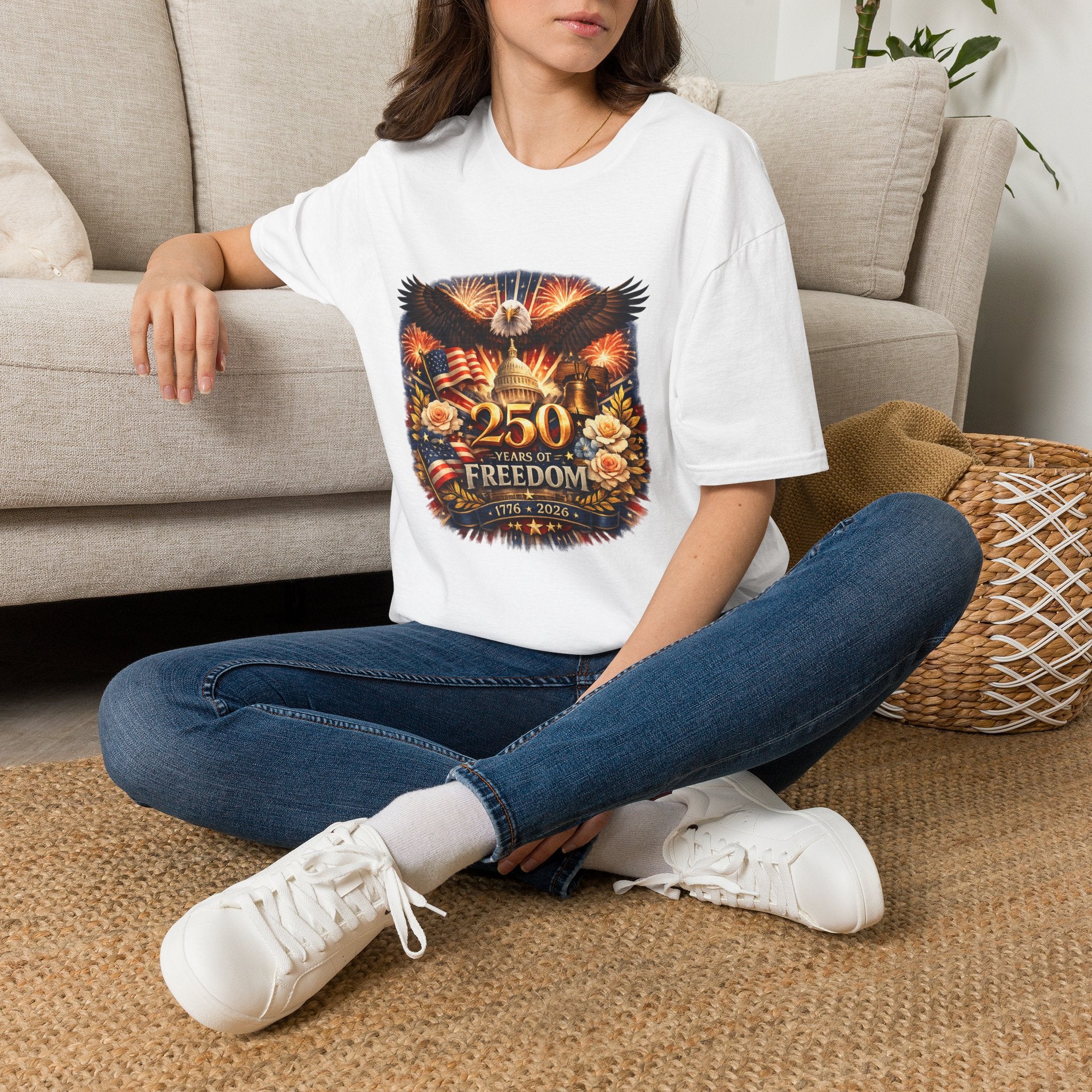 Patriotic 250 Freedom T-Shirt — Eagle, Capitol & Fireworks Graphic
