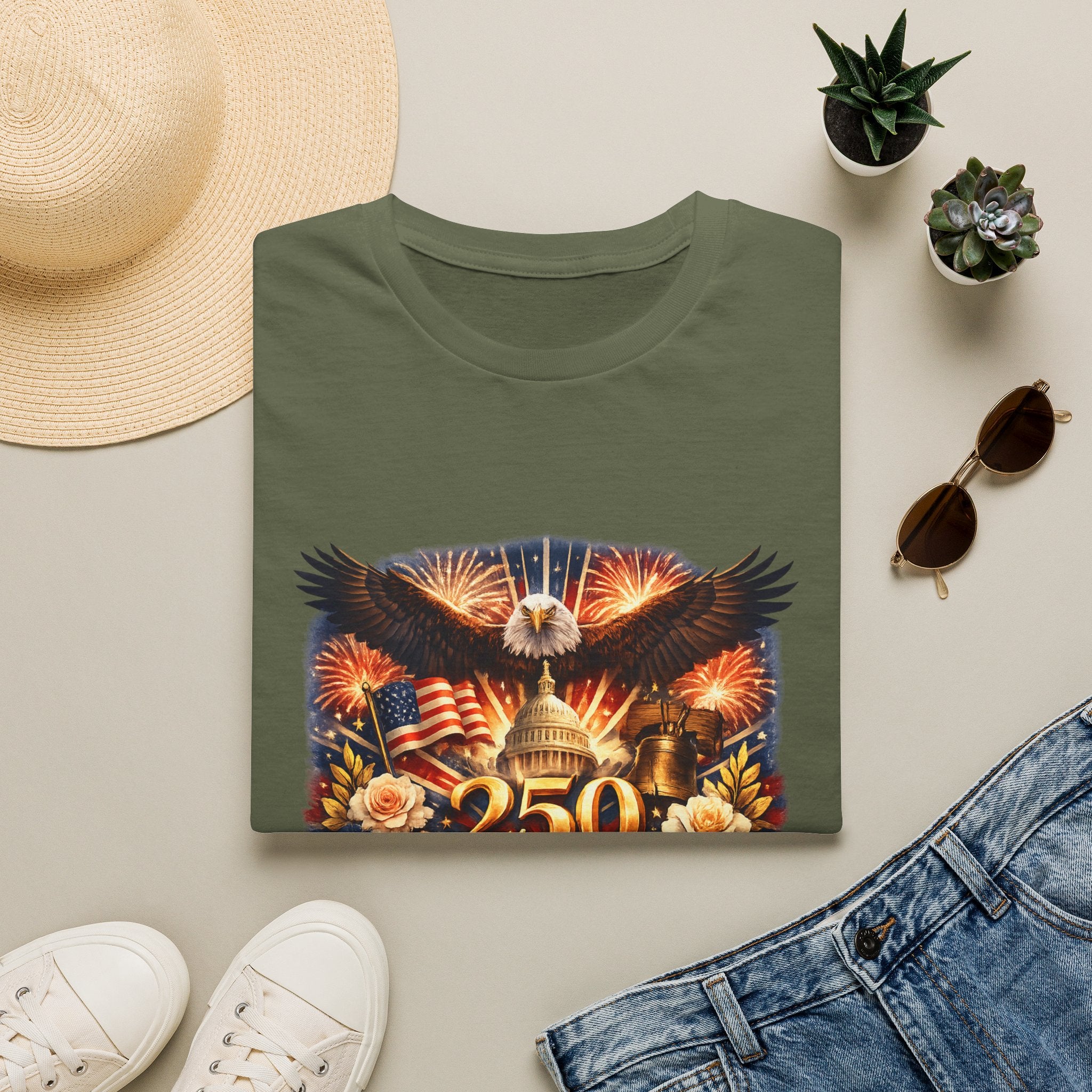Patriotic 250 Freedom T-Shirt — Eagle, Capitol & Fireworks Graphic
