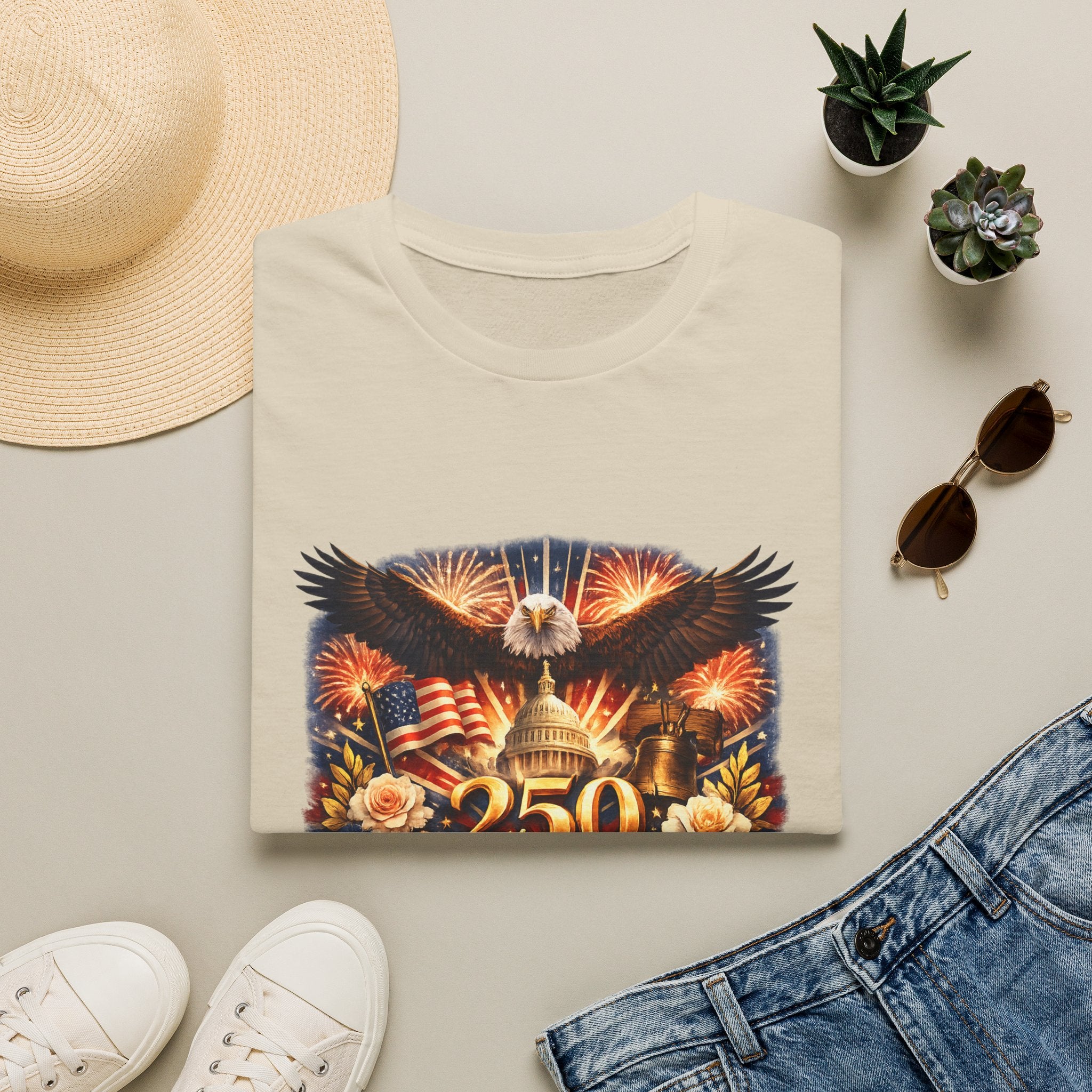 Patriotic 250 Freedom T-Shirt — Eagle, Capitol & Fireworks Graphic