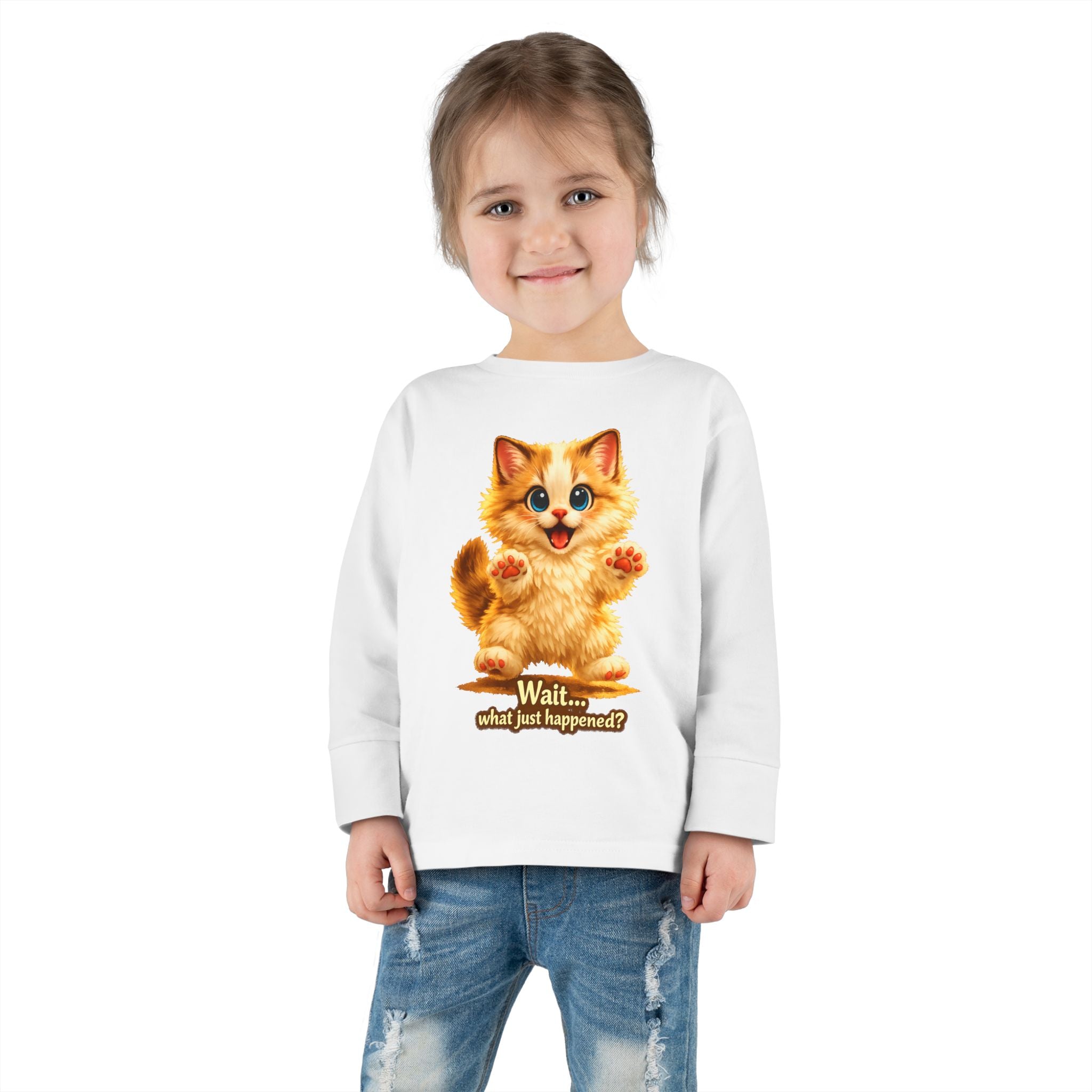 Toddler Long Sleeve Tee — Cute Orange Kitten "Wait...what just happened? Limited Collection – Only Available for a Short Time!