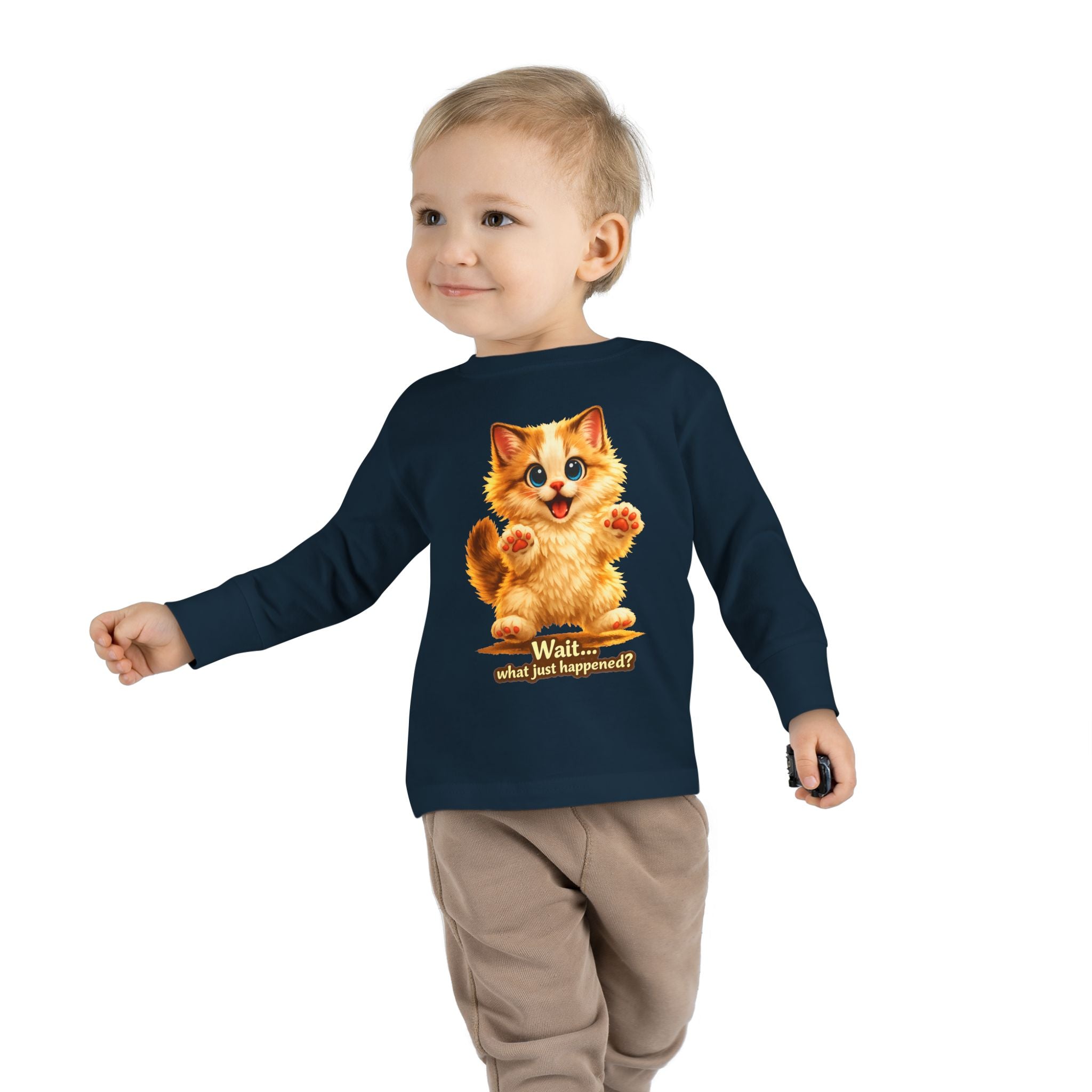 Toddler Long Sleeve Tee — Cute Orange Kitten "Wait...what just happened? Limited Collection – Only Available for a Short Time!