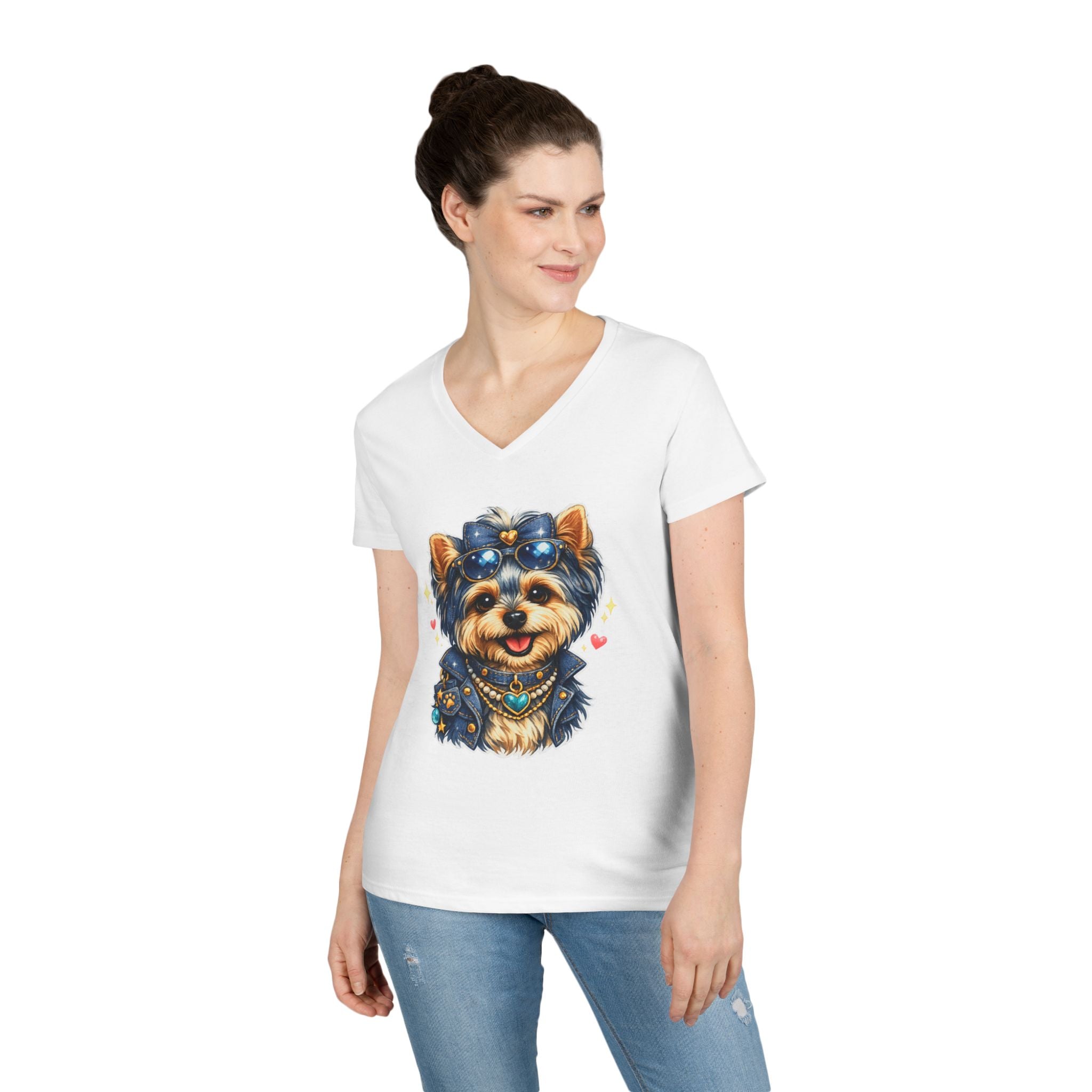 Cute Yorkshire Terrier V-Neck Tee — Adorable Dog Portrait Shirt for Women