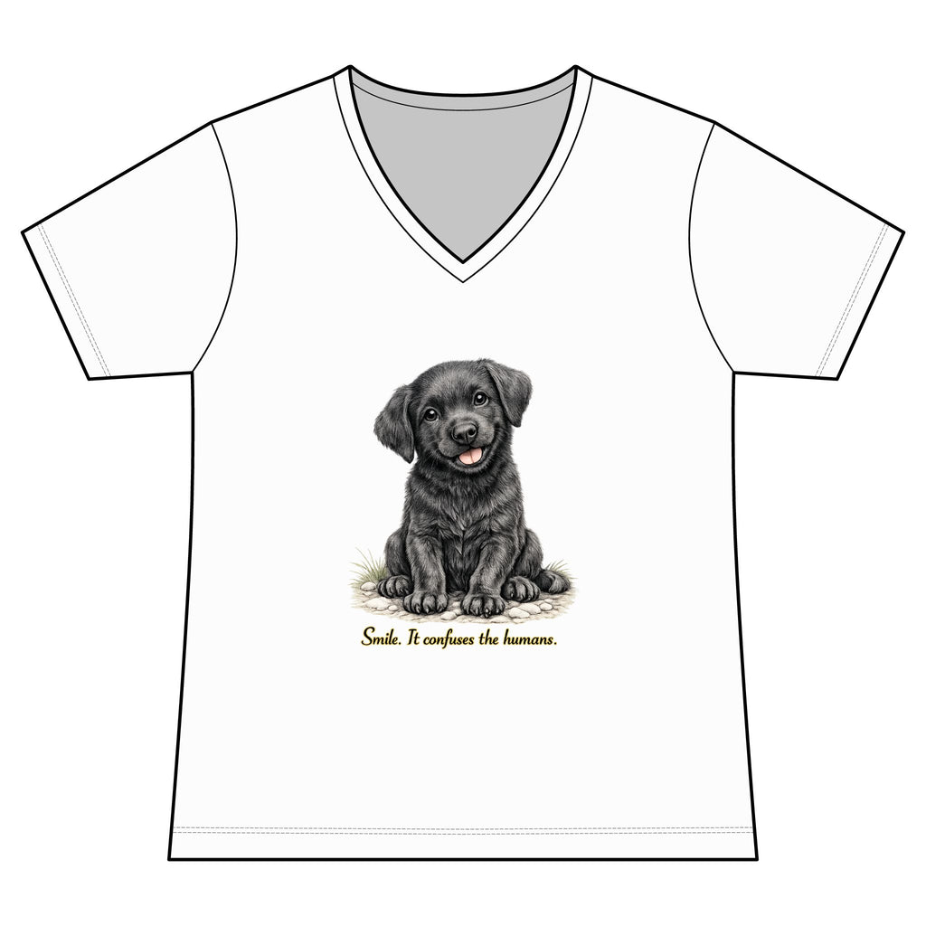 Women's V-Neck Tee — Cute Black Labrador Puppy "Smile. It Confuses the Humans."