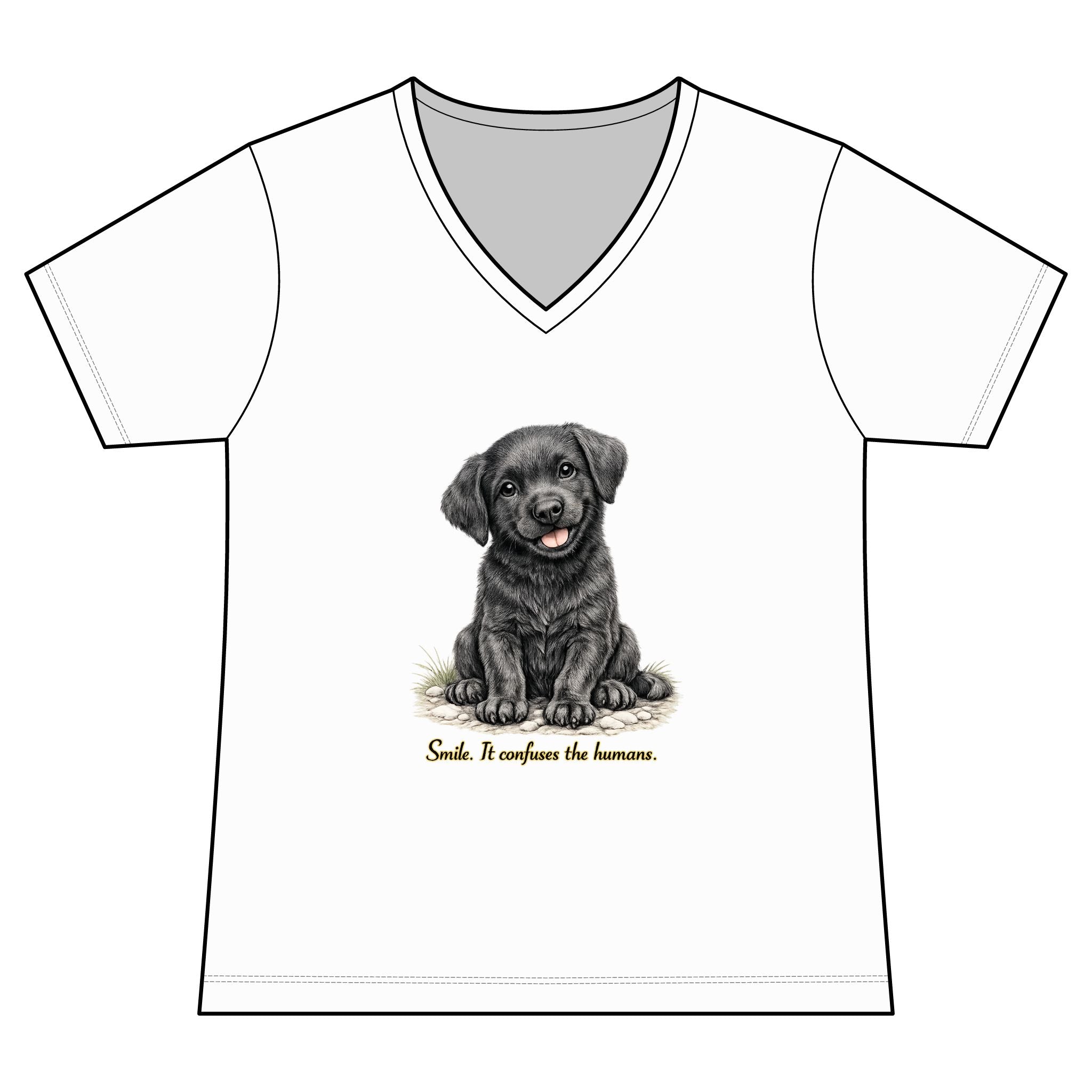 Women's V-Neck Tee — Cute Black Labrador Puppy "Smile. It Confuses the Humans."