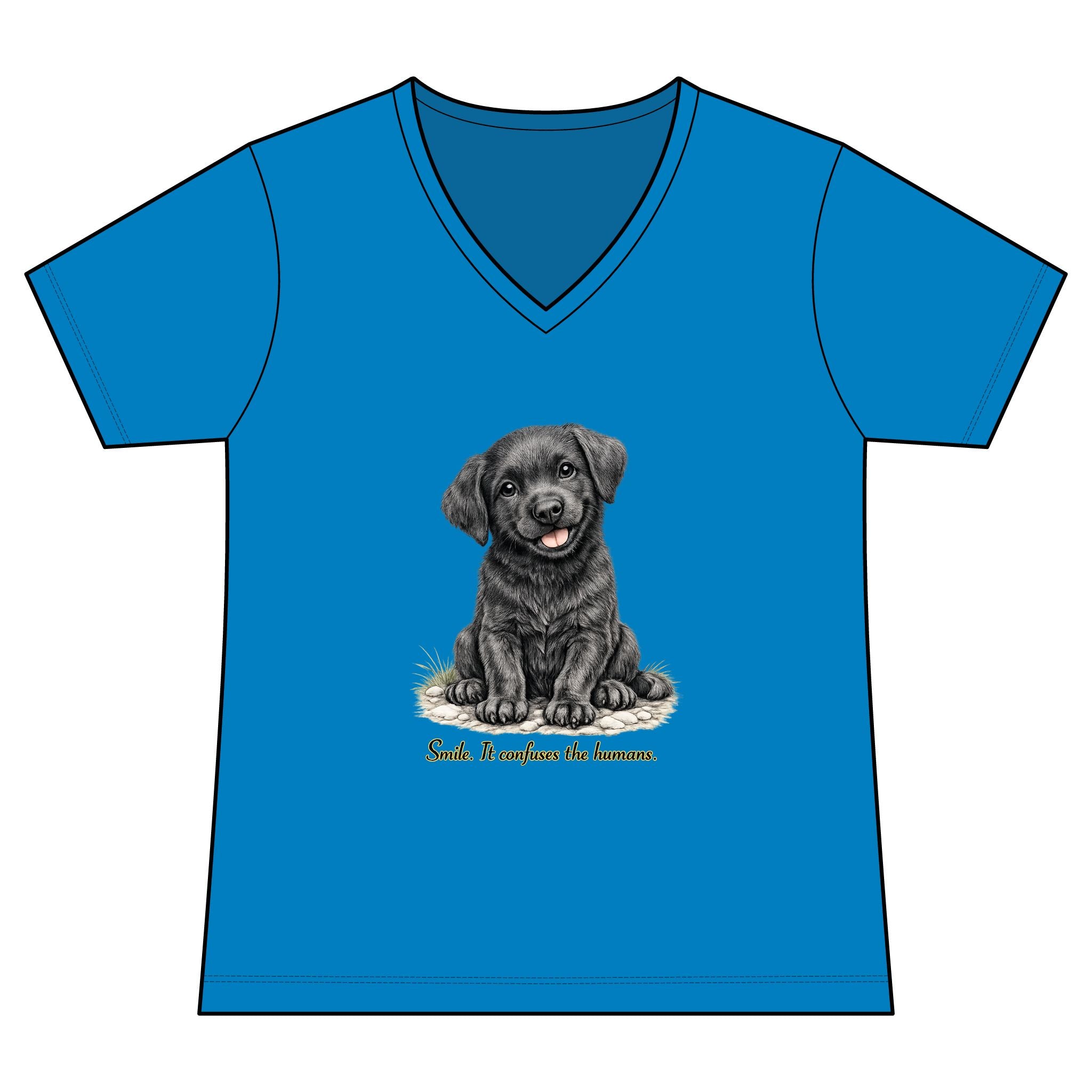 Women's V-Neck Tee — Cute Black Labrador Puppy "Smile. It Confuses the Humans."