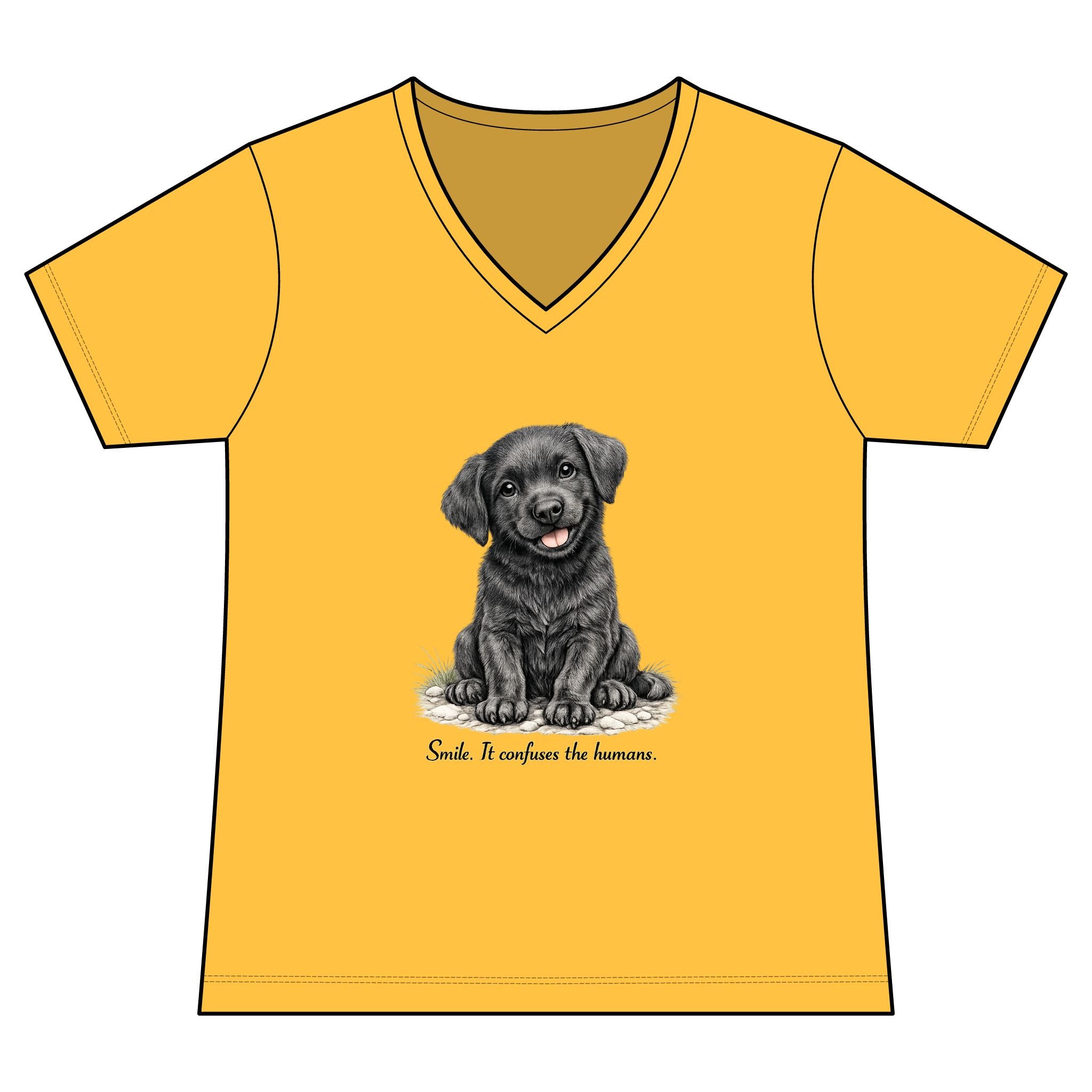 Women's V-Neck Tee — Cute Black Labrador Puppy "Smile. It Confuses the Humans."