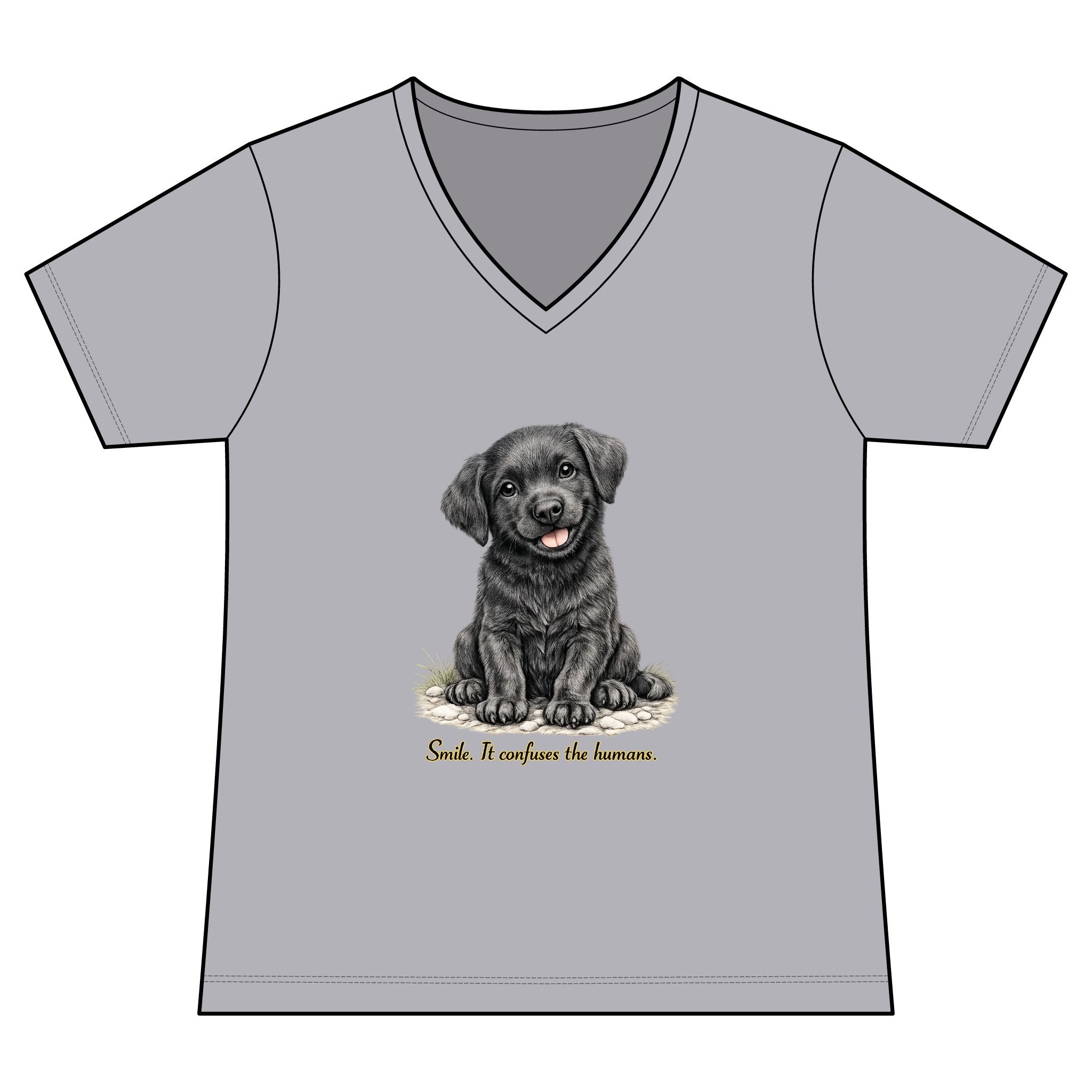 Women's V-Neck Tee — Cute Black Labrador Puppy "Smile. It Confuses the Humans."