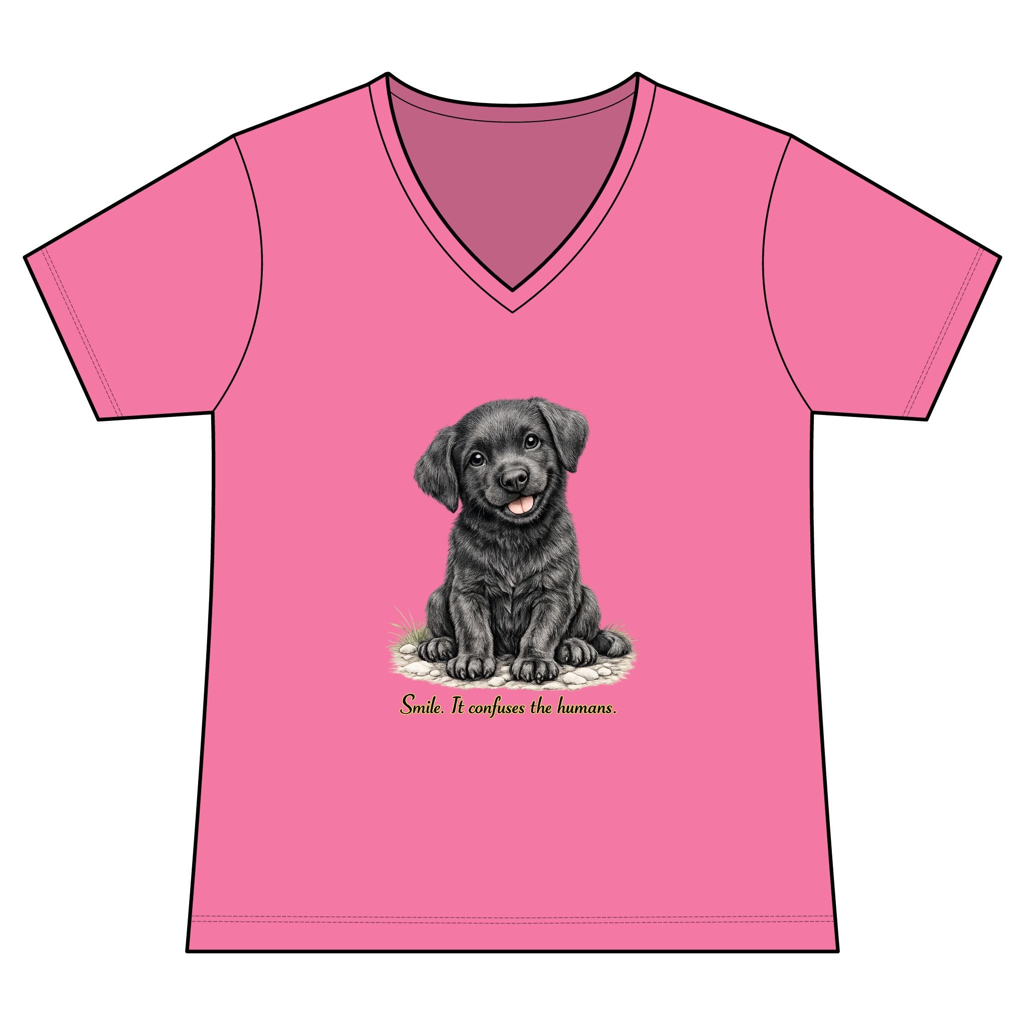 Women's V-Neck Tee — Cute Black Labrador Puppy "Smile. It Confuses the Humans."