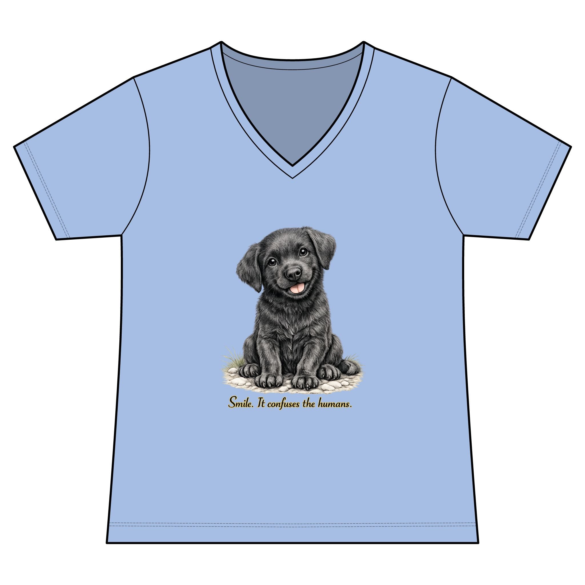 Women's V-Neck Tee — Cute Black Labrador Puppy "Smile. It Confuses the Humans."
