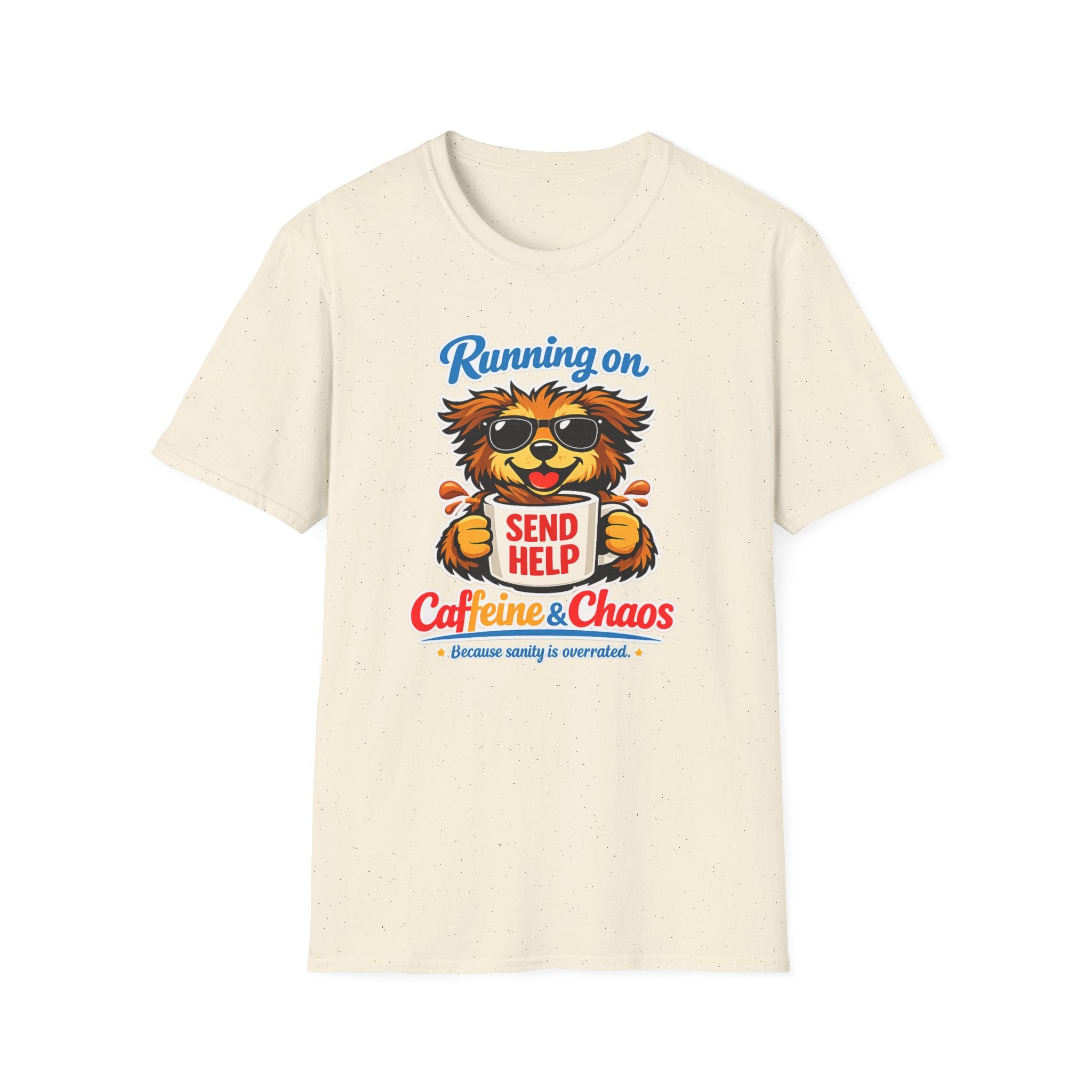 Running On Caffeine & Chaos T-Shirt — Funny 'Send Help' Dog Coffee Tee