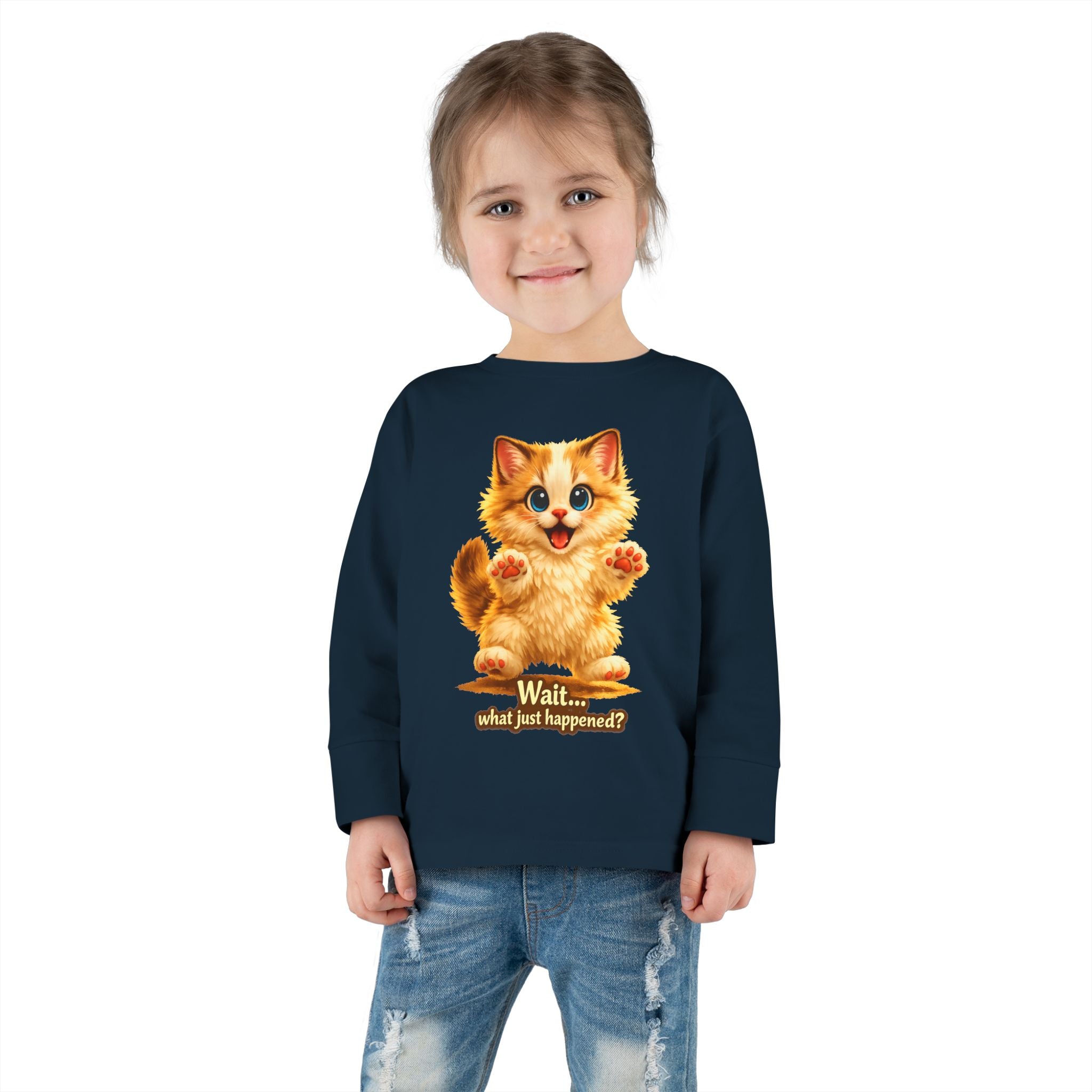 Toddler Long Sleeve Tee — Cute Orange Kitten "Wait...what just happened? Limited Collection – Only Available for a Short Time!