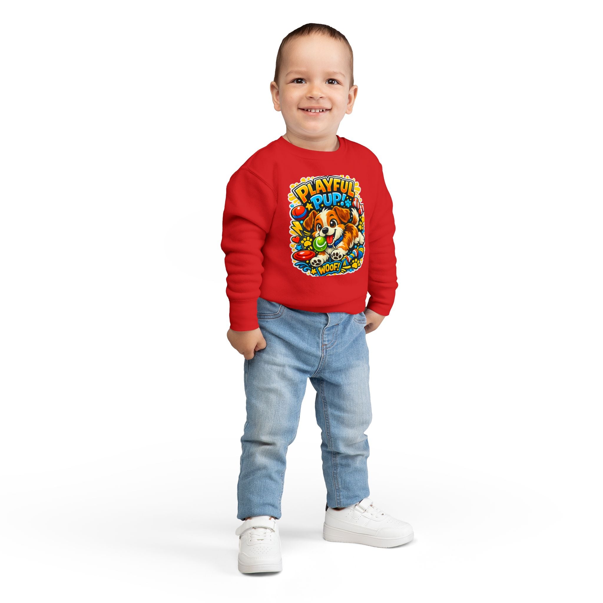 Playful Pup Toddler Sweatshirt — Cute Puppy Graphic "Playful Pup! Woof"